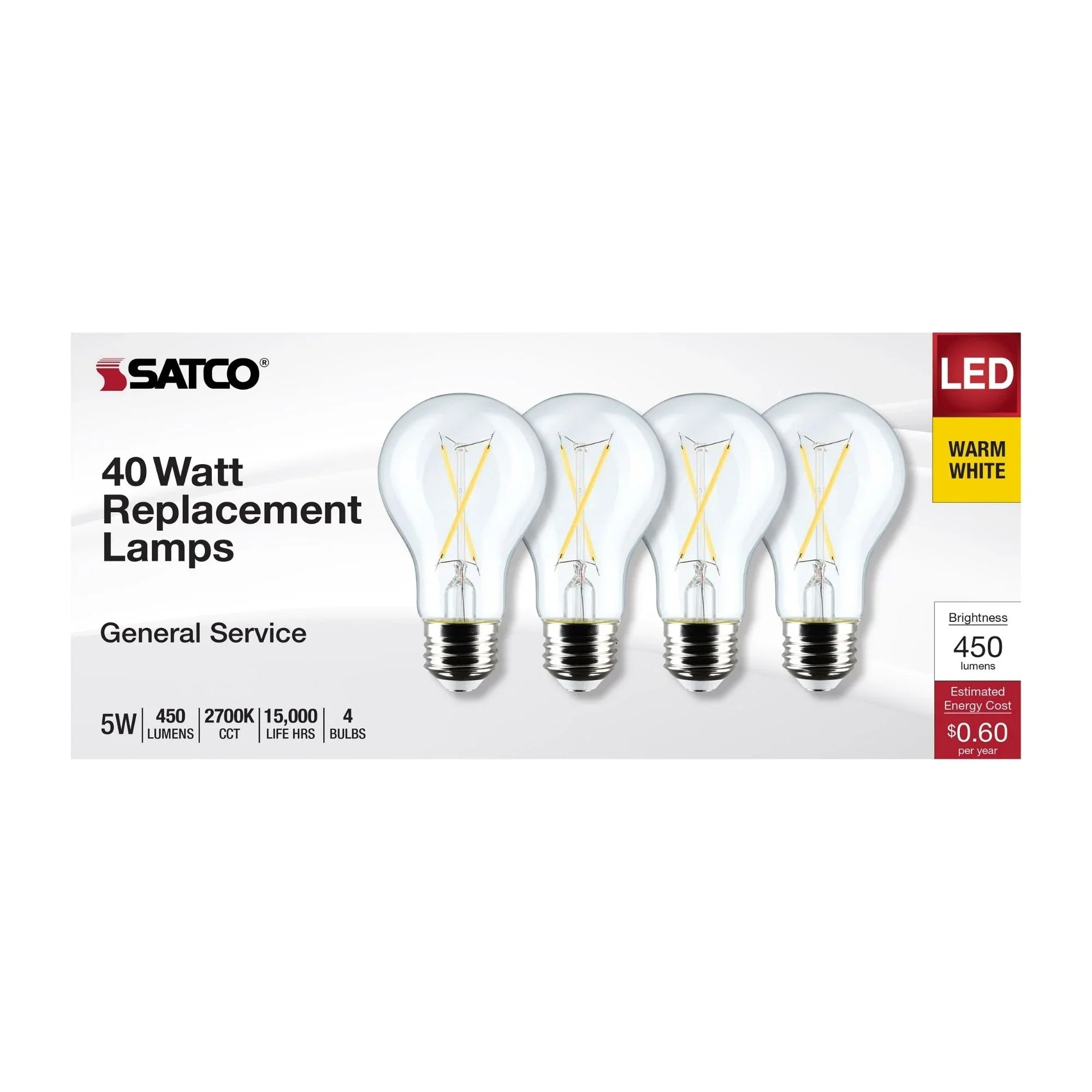 A19 LED Filament Bulb, 5 Watts, 450 Lumens, 2700K, E26 Medium Base, Clear Finish, Pack of 4
