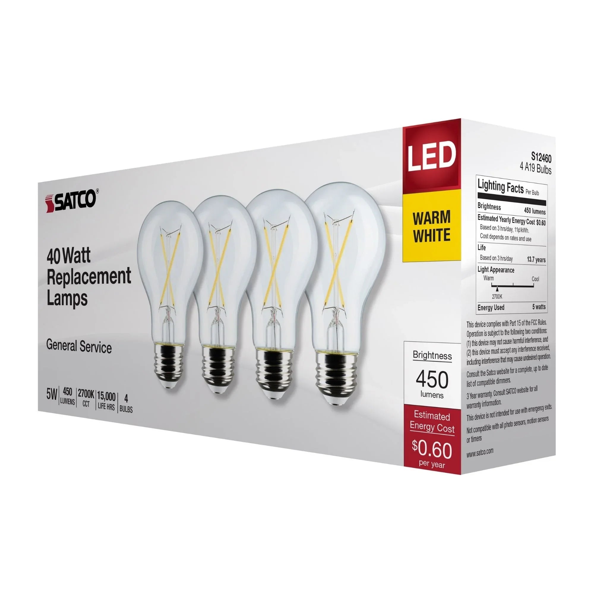 A19 LED Filament Bulb, 5 Watts, 450 Lumens, 2700K, E26 Medium Base, Clear Finish, Pack of 4