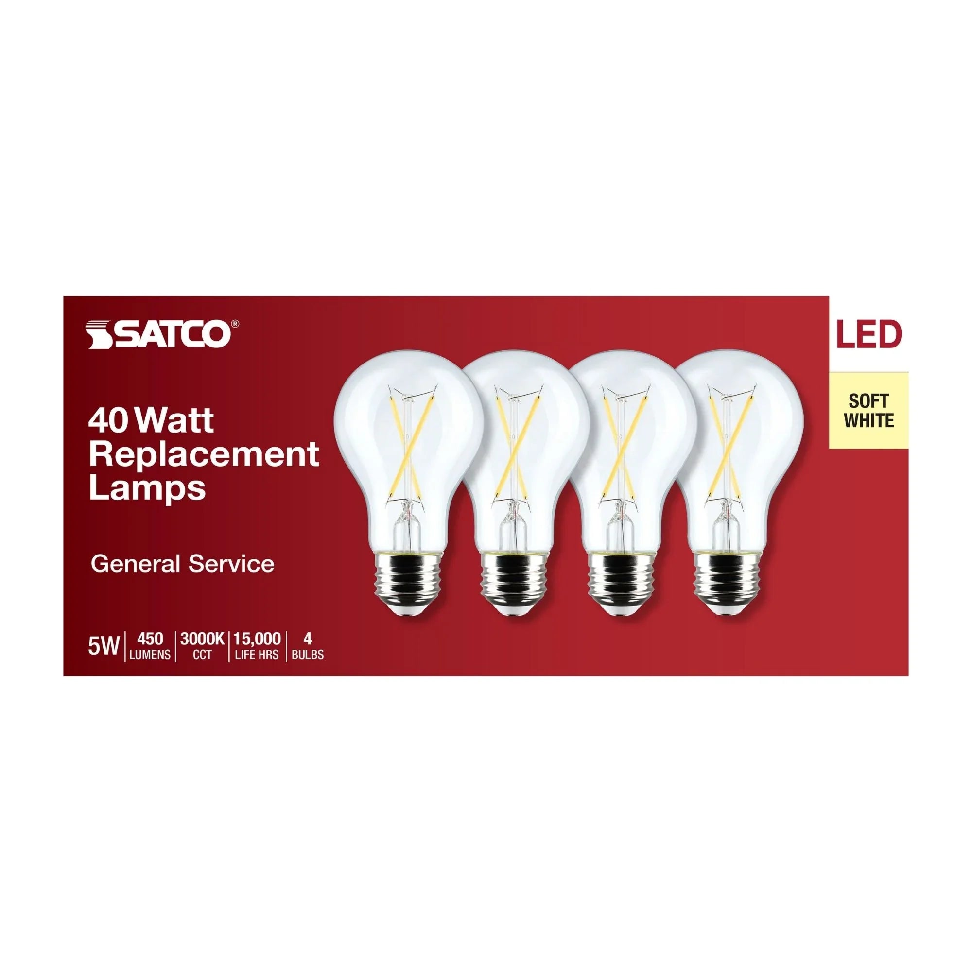 A19 LED Filament Bulb, 5 Watts, 450 Lumens, 3000K, E26 Medium Base, Clear Finish, Pack of 4