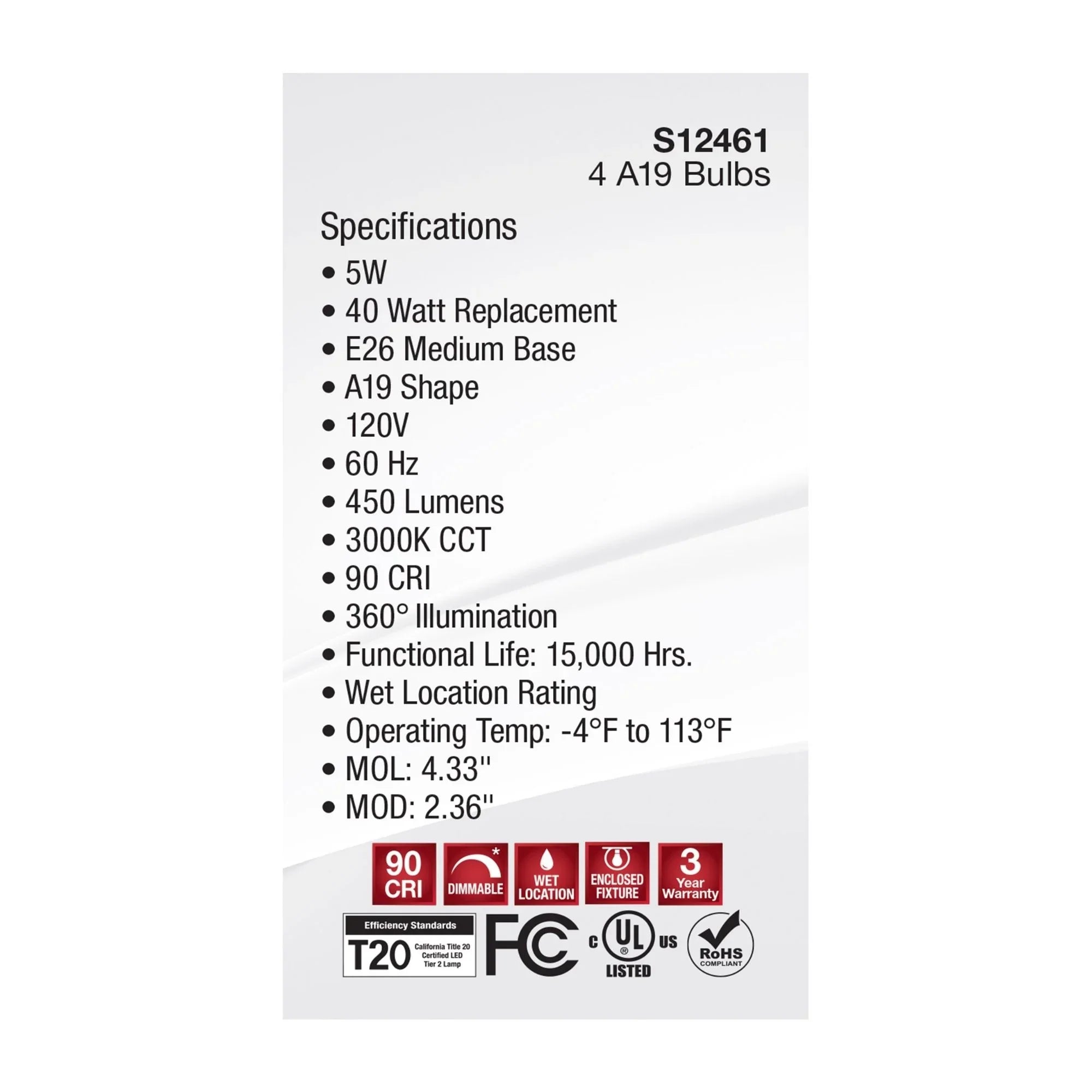 A19 LED Filament Bulb, 5 Watts, 450 Lumens, 3000K, E26 Medium Base, Clear Finish, Pack of 4