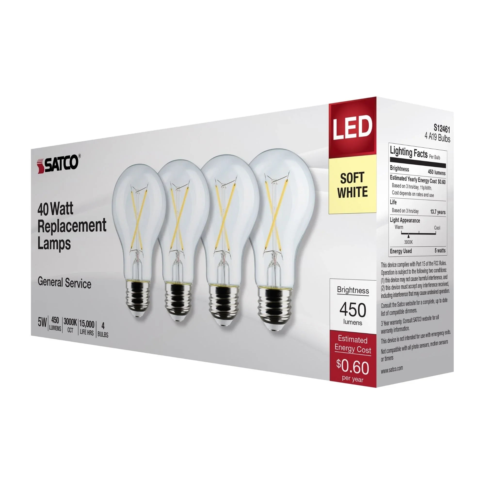A19 LED Filament Bulb, 5 Watts, 450 Lumens, 3000K, E26 Medium Base, Clear Finish, Pack of 4