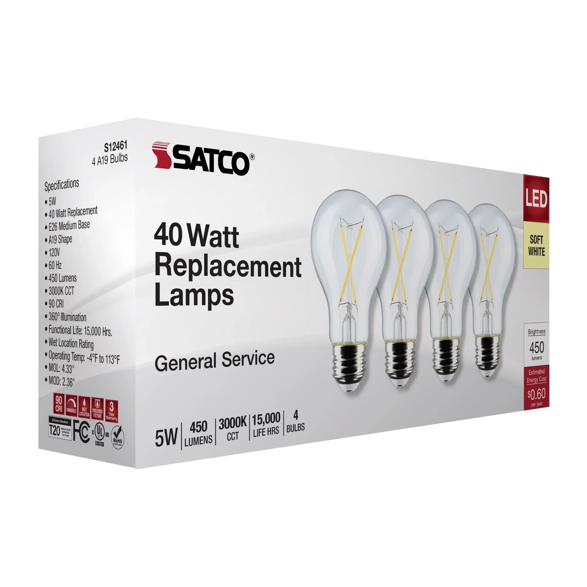 A19 LED Filament Bulb, 5 Watts, 450 Lumens, 3000K, E26 Medium Base, Clear Finish, Pack of 4