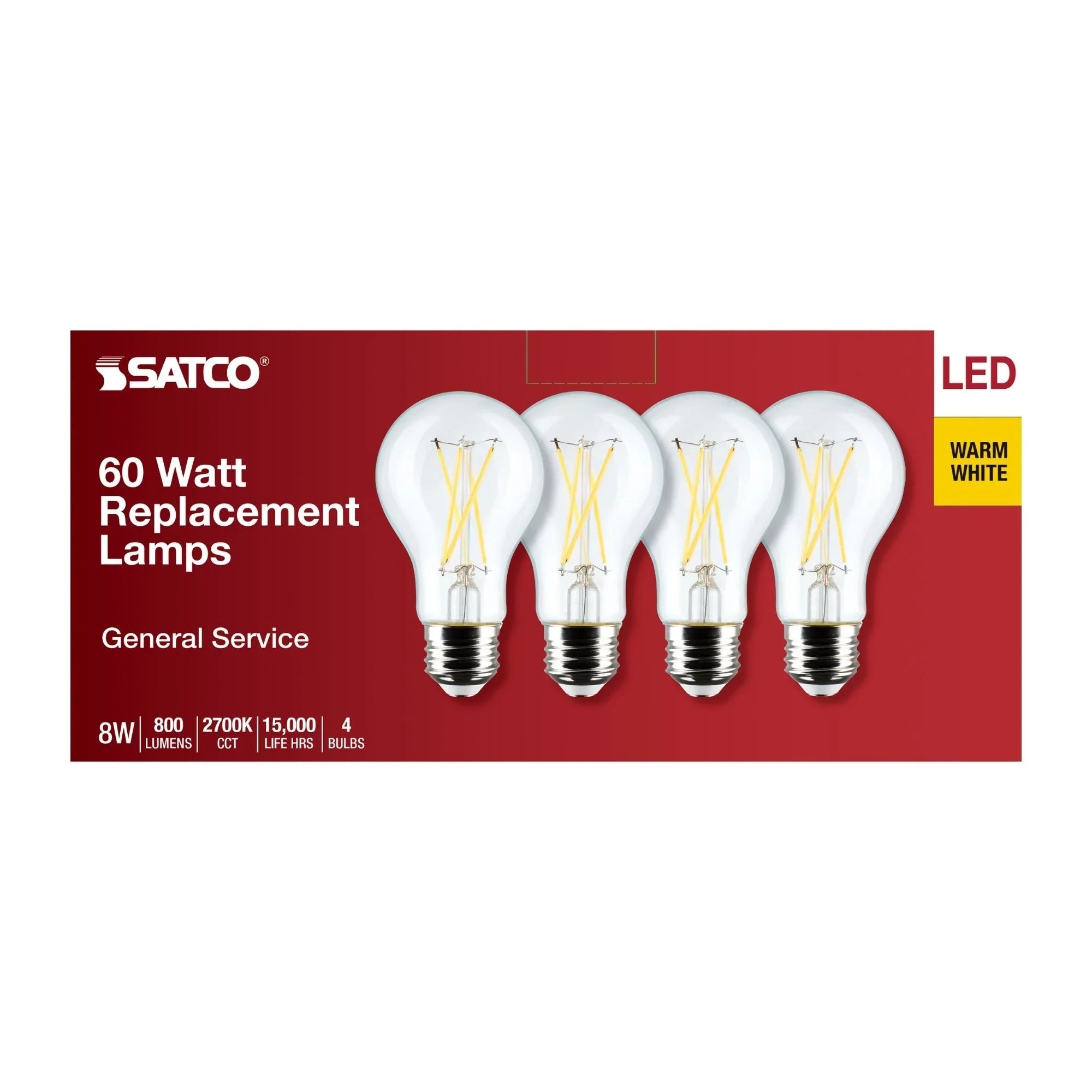 A19 LED Filament Bulb, 60W Equal, 8 Watts, 800 Lumens, 2700K, E26 Medium Base, Clear, Pack of 4