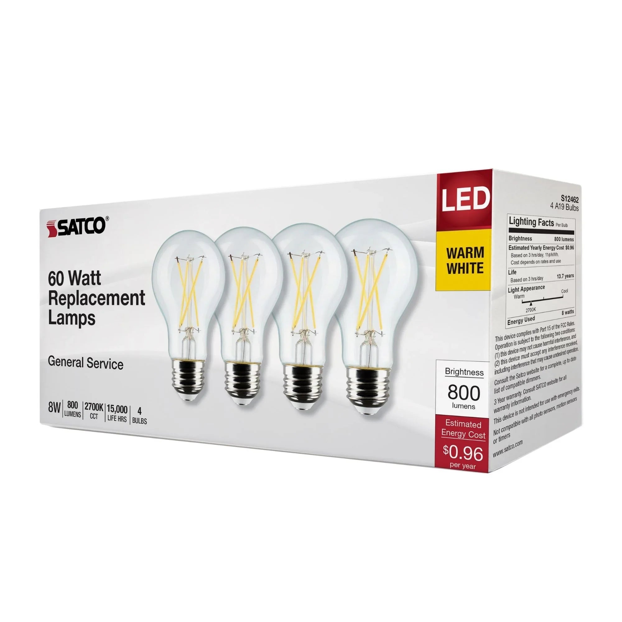 A19 LED Filament Bulb, 60W Equal, 8 Watts, 800 Lumens, 2700K, E26 Medium Base, Clear, Pack of 4