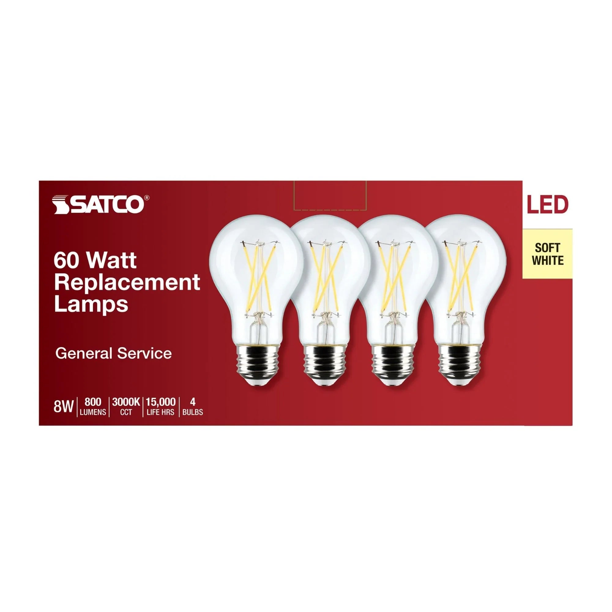 A19 LED Filament Bulb, 60W Equal, 8 Watts, 800 Lumens, 3000K, E26 Medium Base, Clear, Pack of 4