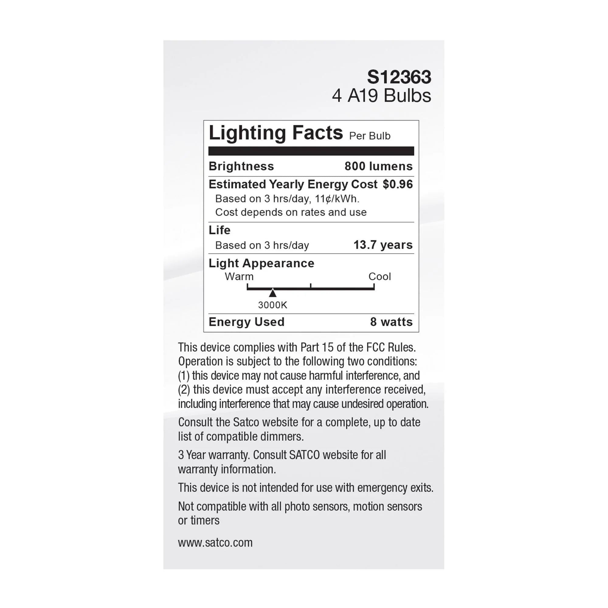 A19 LED Filament Bulb, 60W Equal, 8 Watts, 800 Lumens, 3000K, E26 Medium Base, Clear, Pack of 4