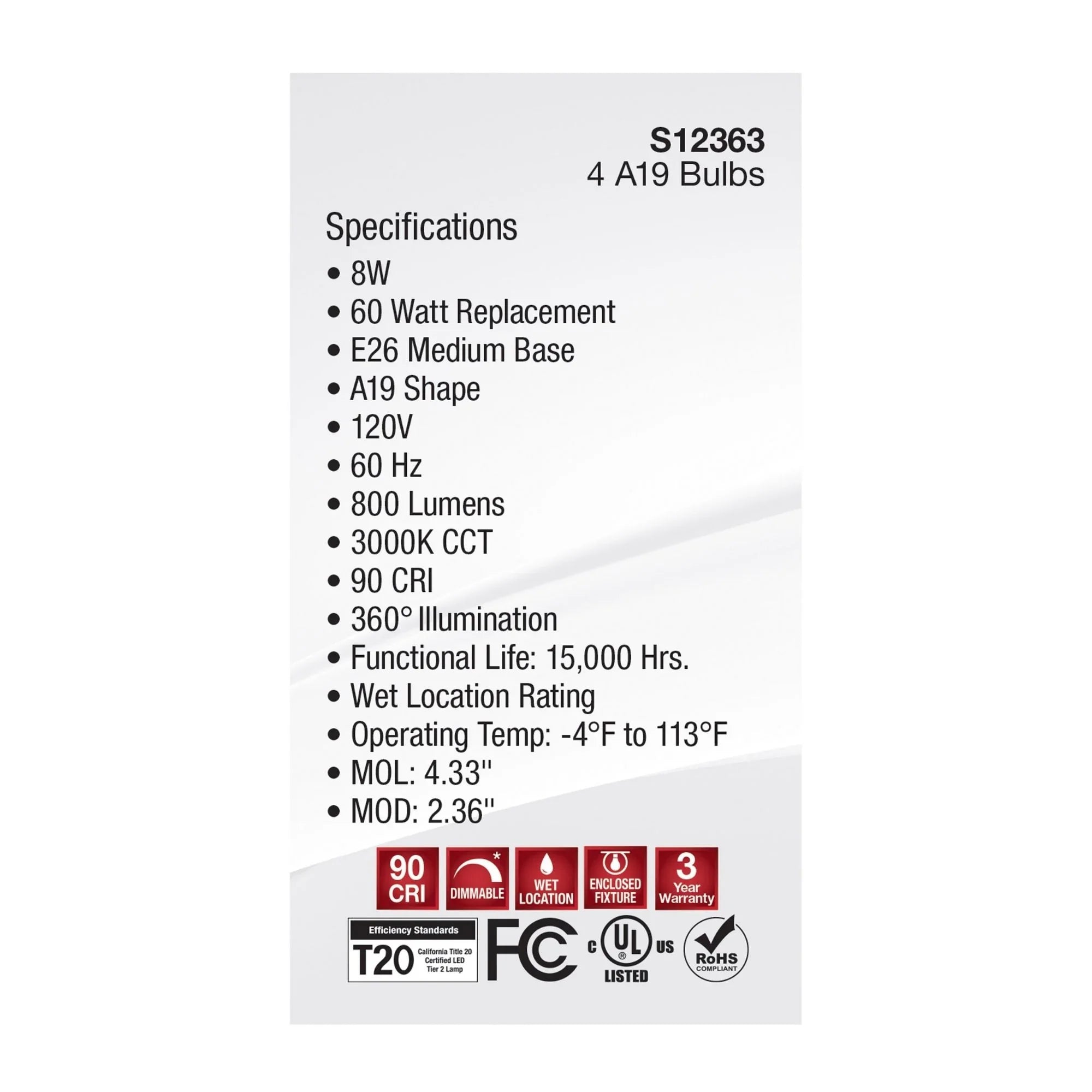 A19 LED Filament Bulb, 60W Equal, 8 Watts, 800 Lumens, 3000K, E26 Medium Base, Clear, Pack of 4