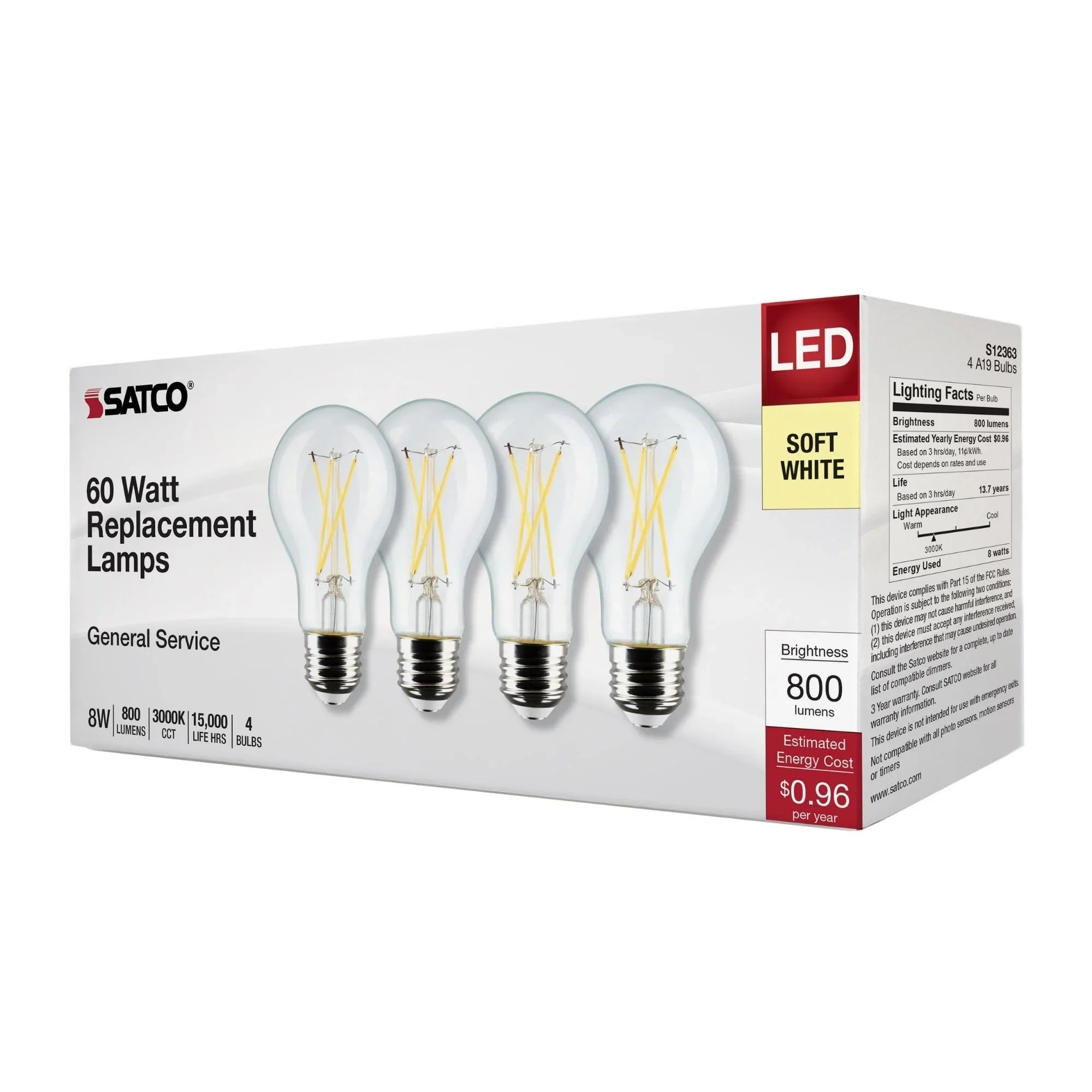 A19 LED Filament Bulb, 60W Equal, 8 Watts, 800 Lumens, 3000K, E26 Medium Base, Clear, Pack of 4