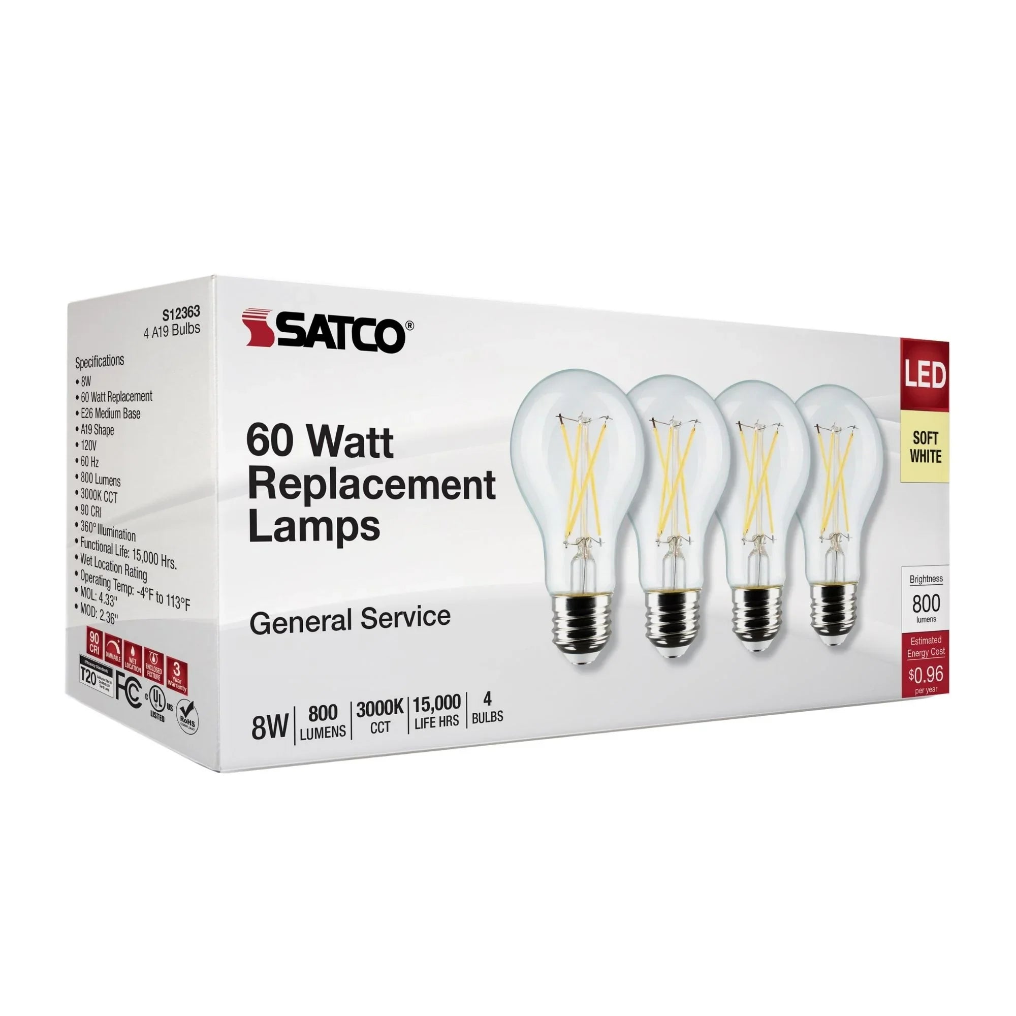 A19 LED Filament Bulb, 60W Equal, 8 Watts, 800 Lumens, 3000K, E26 Medium Base, Clear, Pack of 4