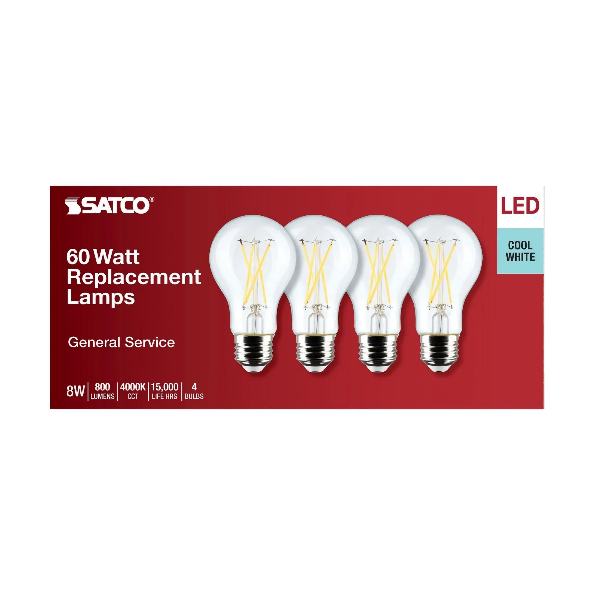 A19 LED Filament Bulb, 60W Equal, 8 Watts, 800 Lumens, 4000K, E26 Medium Base, Clear, Pack of 4