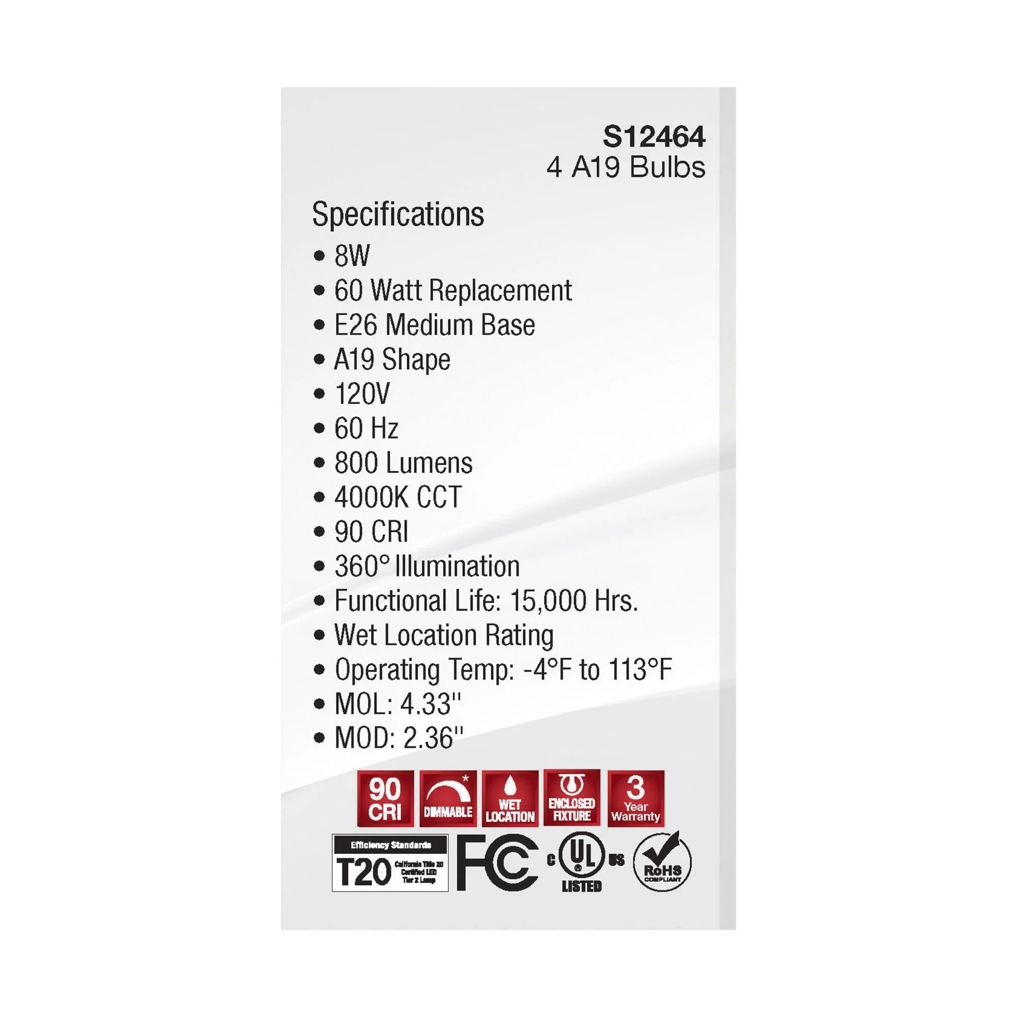 A19 LED Filament Bulb, 60W Equal, 8 Watts, 800 Lumens, 4000K, E26 Medium Base, Clear, Pack of 4