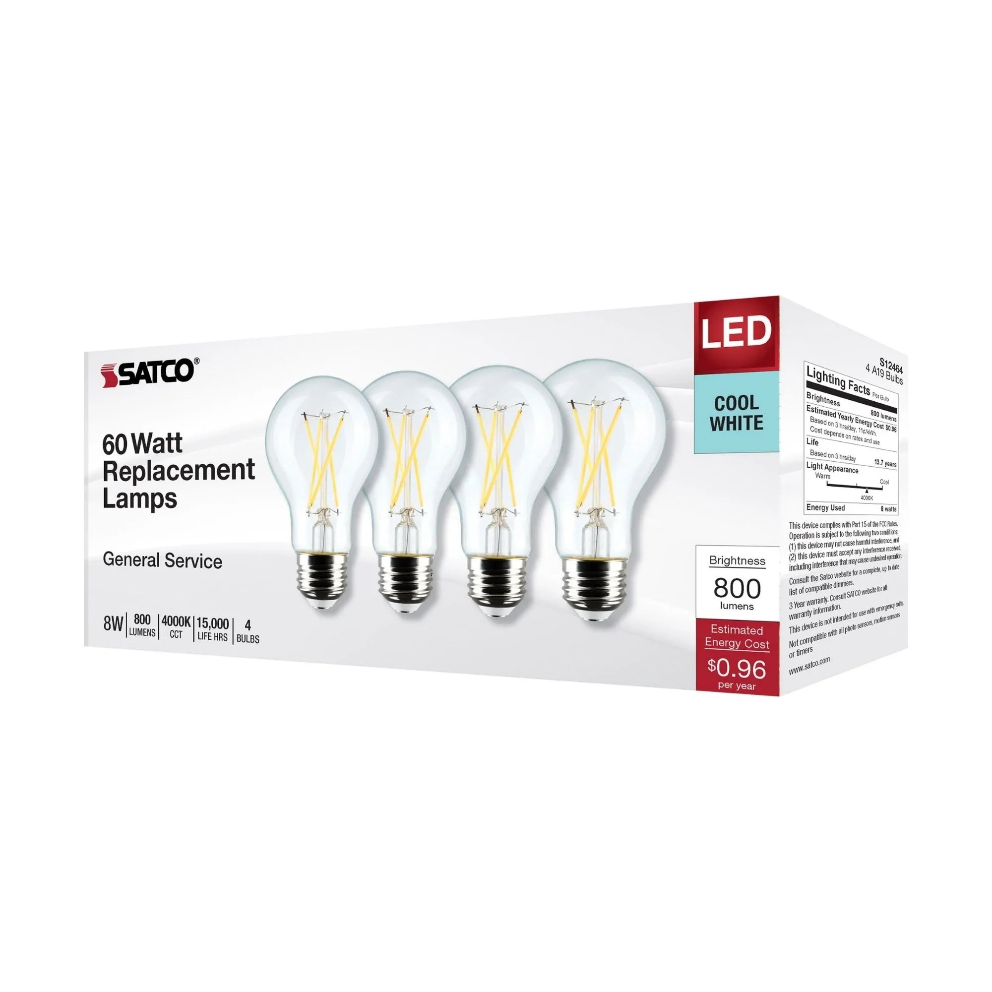 A19 LED Filament Bulb, 60W Equal, 8 Watts, 800 Lumens, 4000K, E26 Medium Base, Clear, Pack of 4