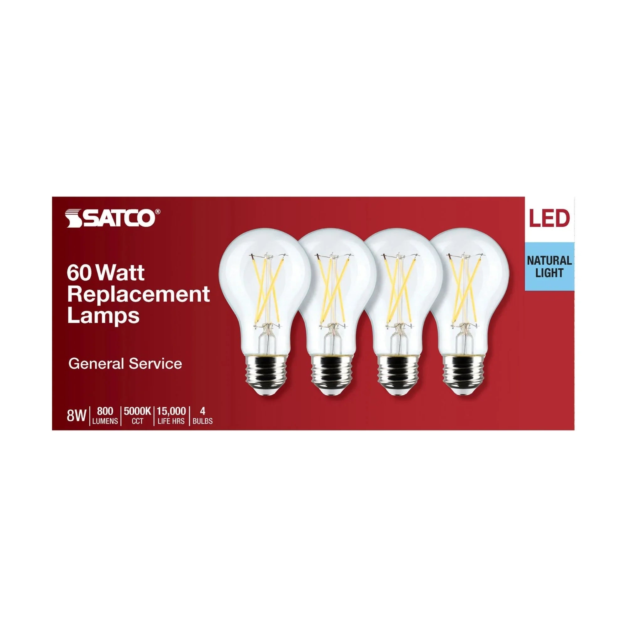 A19 LED Filament Bulb, 60W Equal, 8 Watts, 800 Lumens, 5000K, E26 Medium Base, Clear, Pack of 4