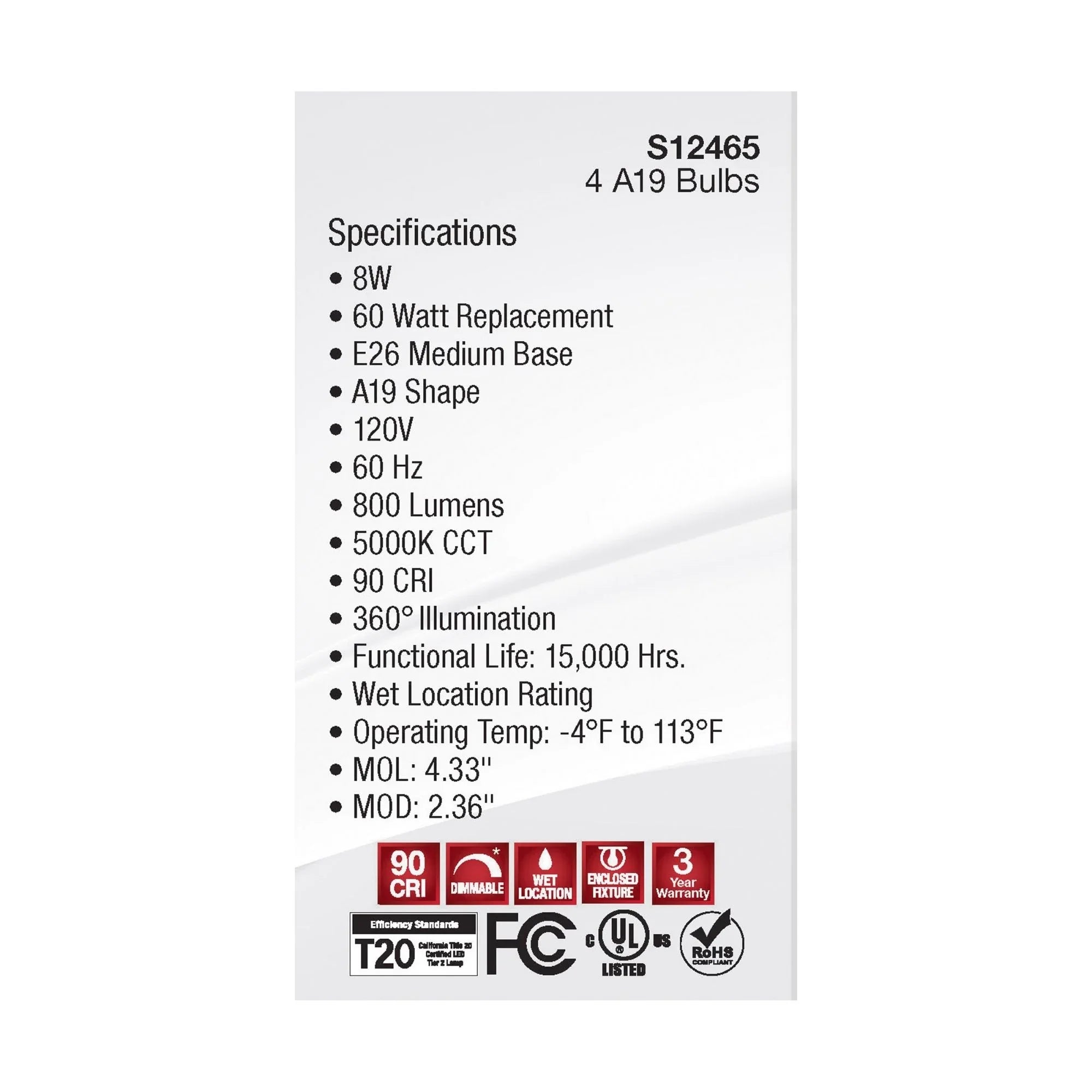 A19 LED Filament Bulb, 60W Equal, 8 Watts, 800 Lumens, 5000K, E26 Medium Base, Clear, Pack of 4