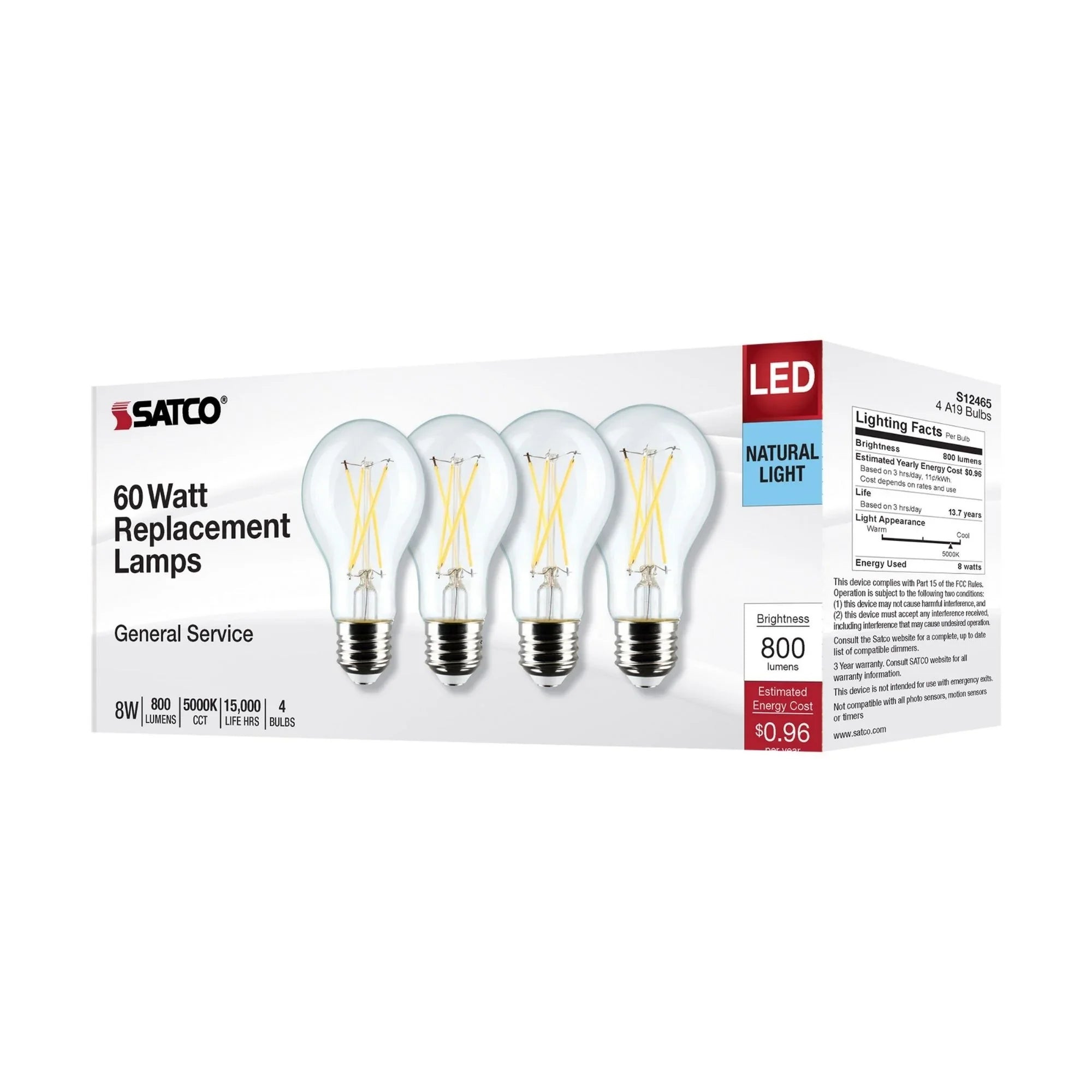 A19 LED Filament Bulb, 60W Equal, 8 Watts, 800 Lumens, 5000K, E26 Medium Base, Clear, Pack of 4