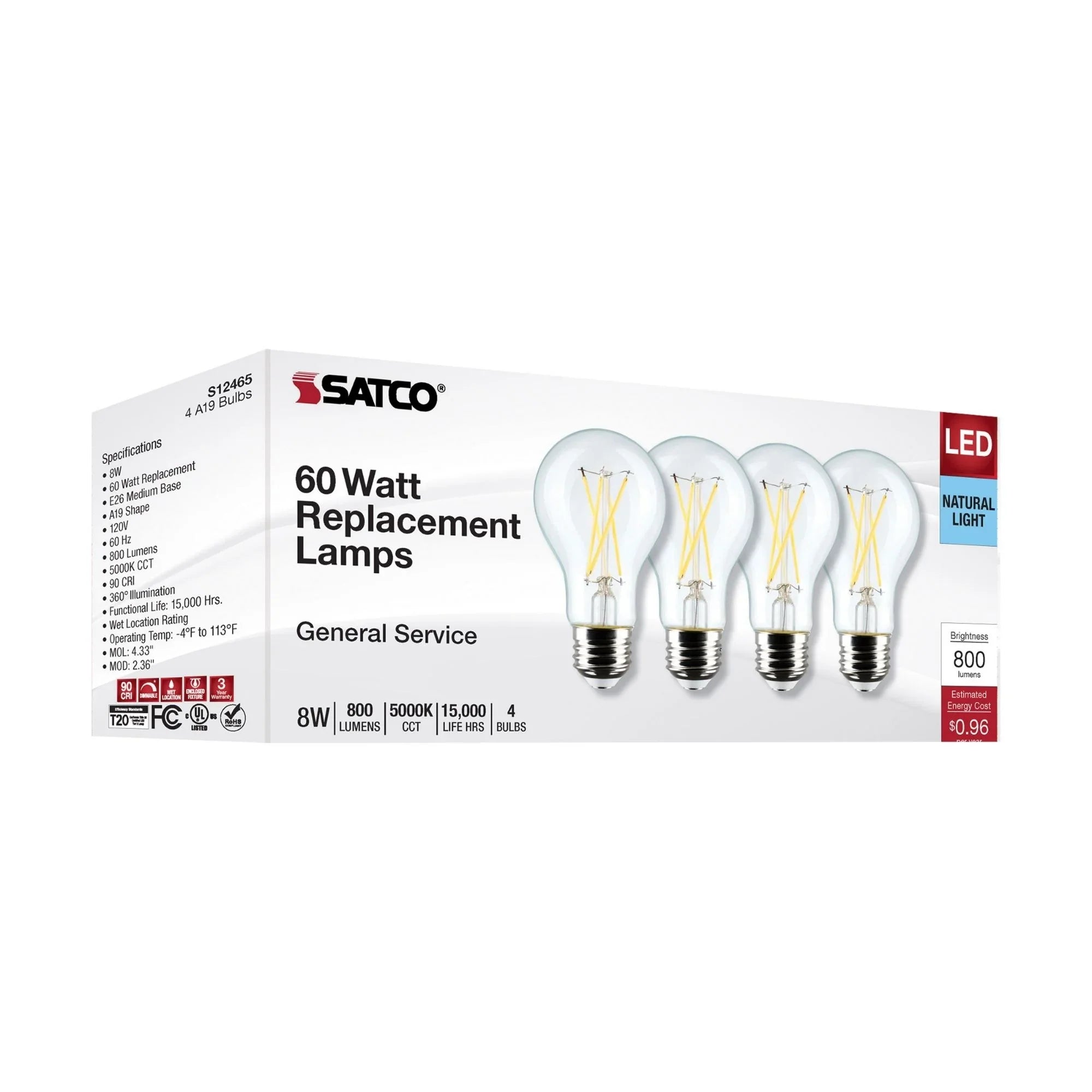 A19 LED Filament Bulb, 60W Equal, 8 Watts, 800 Lumens, 5000K, E26 Medium Base, Clear, Pack of 4