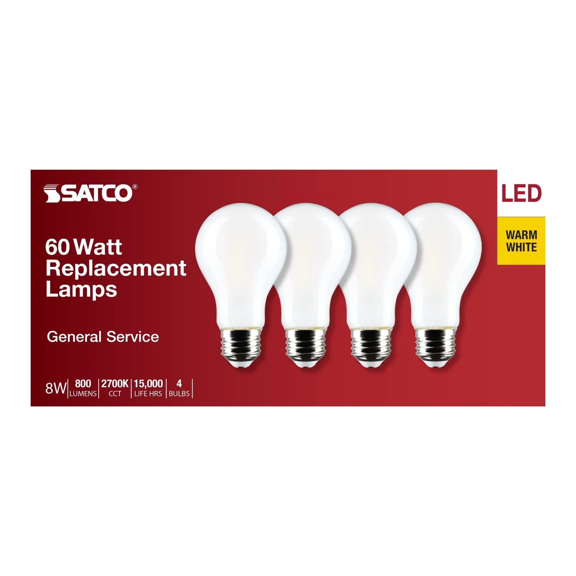 A19 LED Bulb, 60W Equal, 8 Watts, 800 Lumens, 2700K, E26 Medium Base, Frosted Finish, Pack of 4