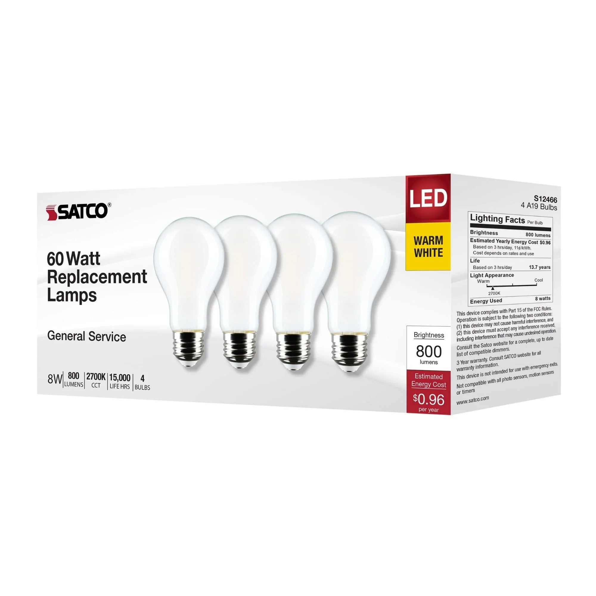 A19 LED Bulb, 60W Equal, 8 Watts, 800 Lumens, 2700K, E26 Medium Base, Frosted Finish, Pack of 4