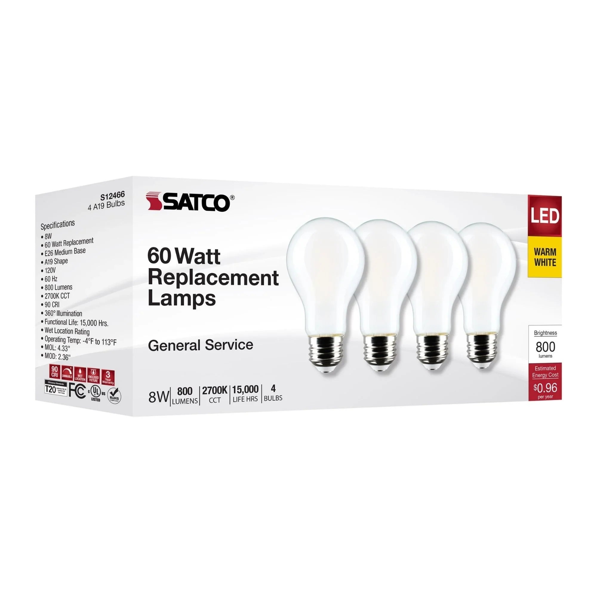 A19 LED Bulb, 60W Equal, 8 Watts, 800 Lumens, 2700K, E26 Medium Base, Frosted Finish, Pack of 4