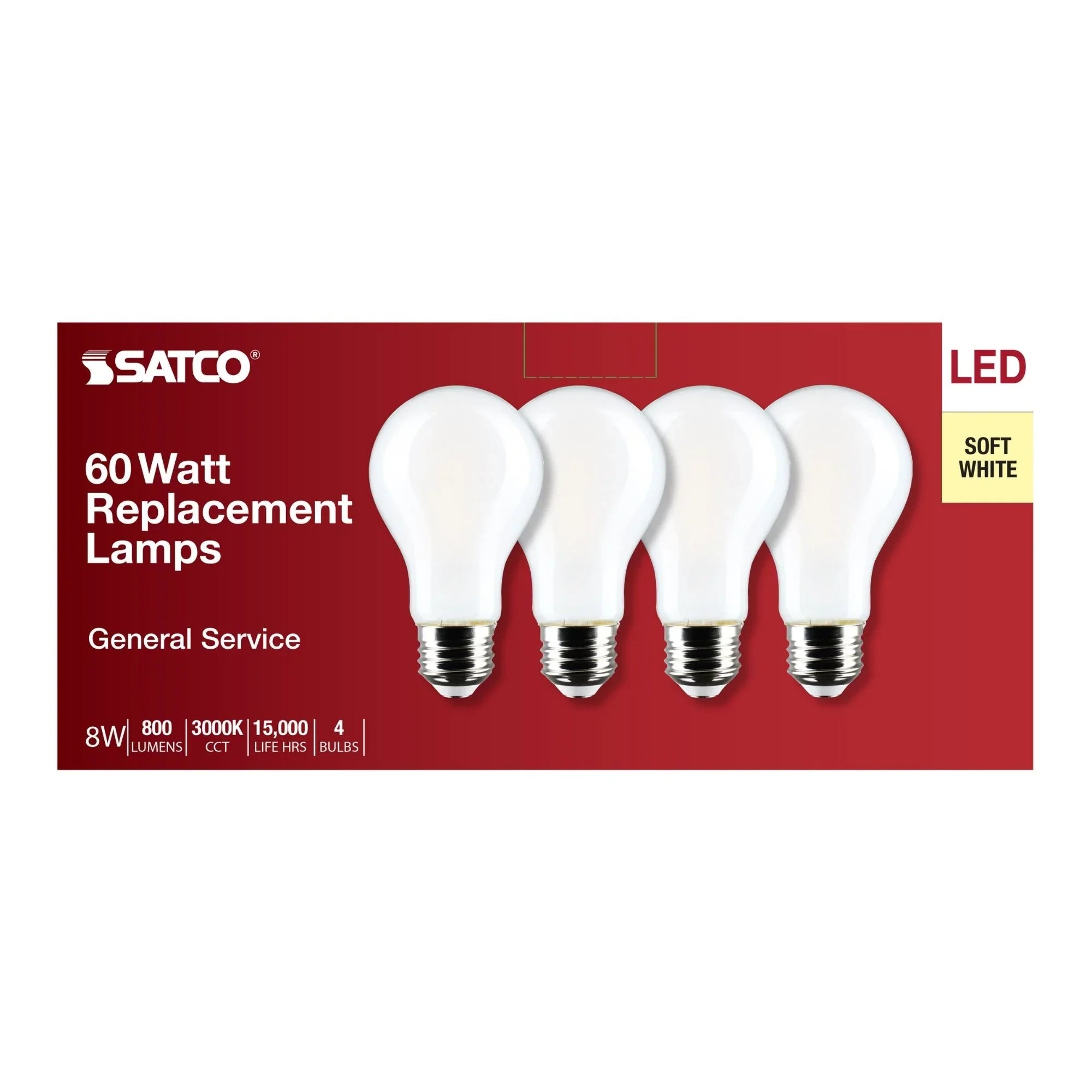 A19 LED Bulb, 60W Equal, 8 Watts, 800 Lumens, 3000K, E26 Medium Base, Frosted Finish, Pack of 4