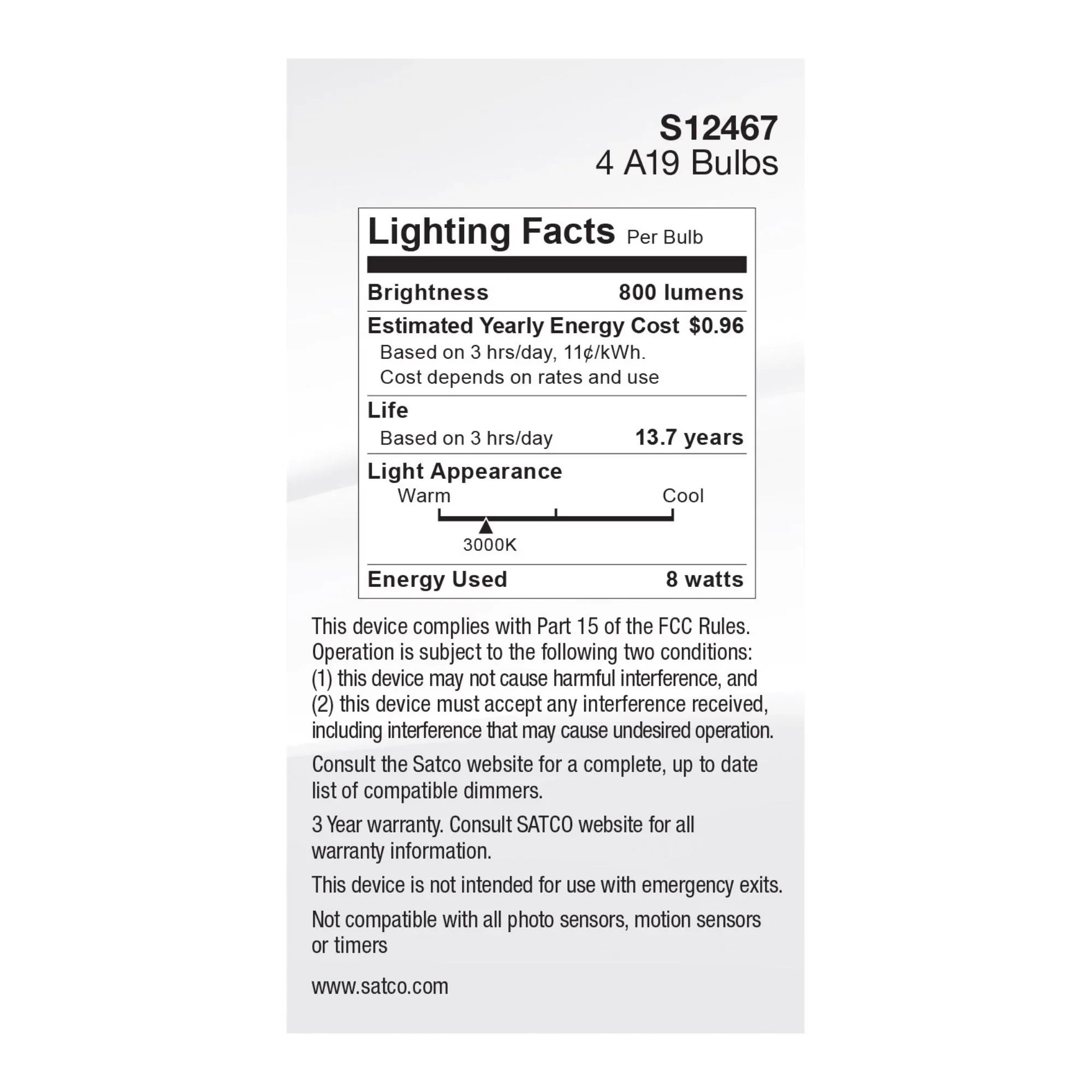 A19 LED Bulb, 60W Equal, 8 Watts, 800 Lumens, 3000K, E26 Medium Base, Frosted Finish, Pack of 4