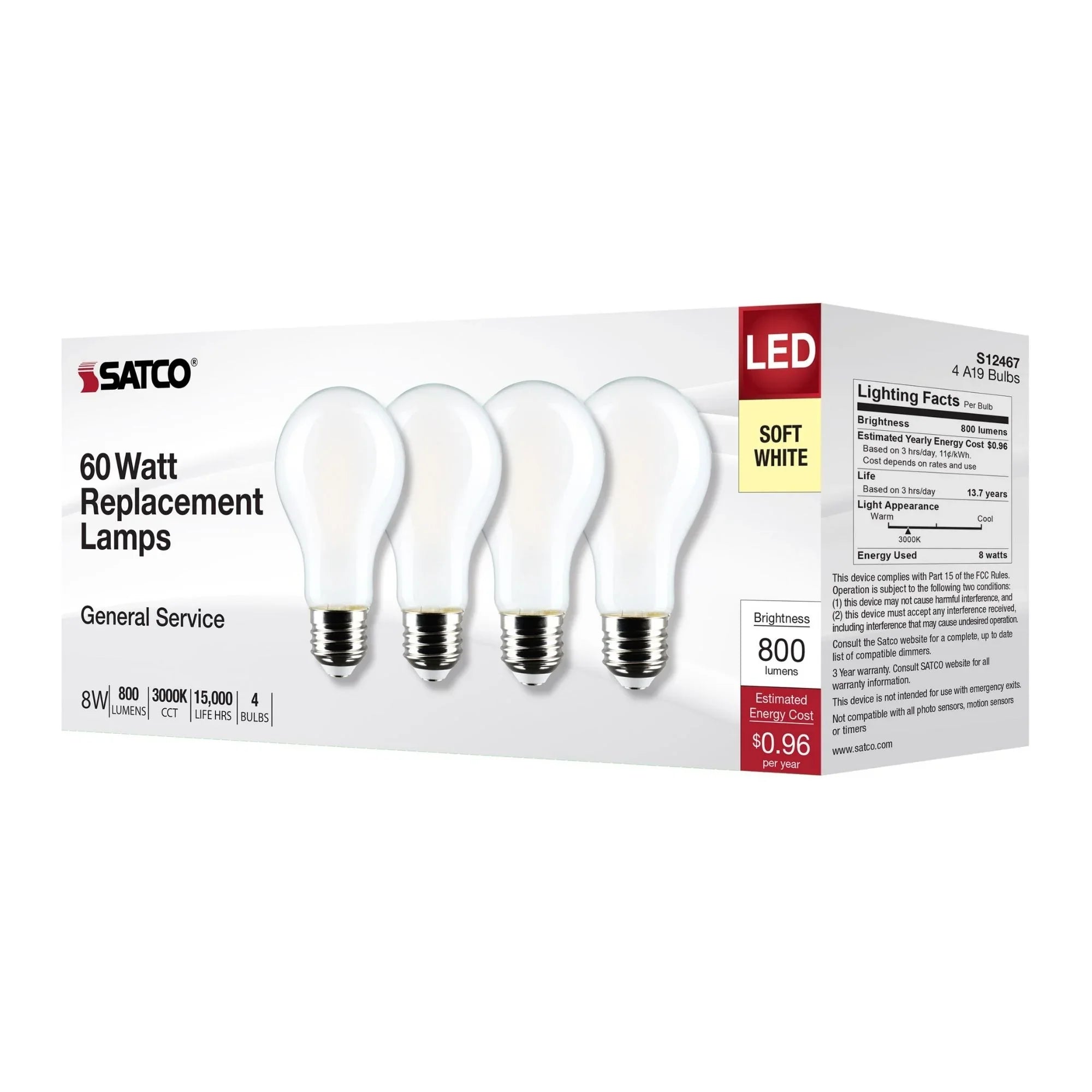 A19 LED Bulb, 60W Equal, 8 Watts, 800 Lumens, 3000K, E26 Medium Base, Frosted Finish, Pack of 4