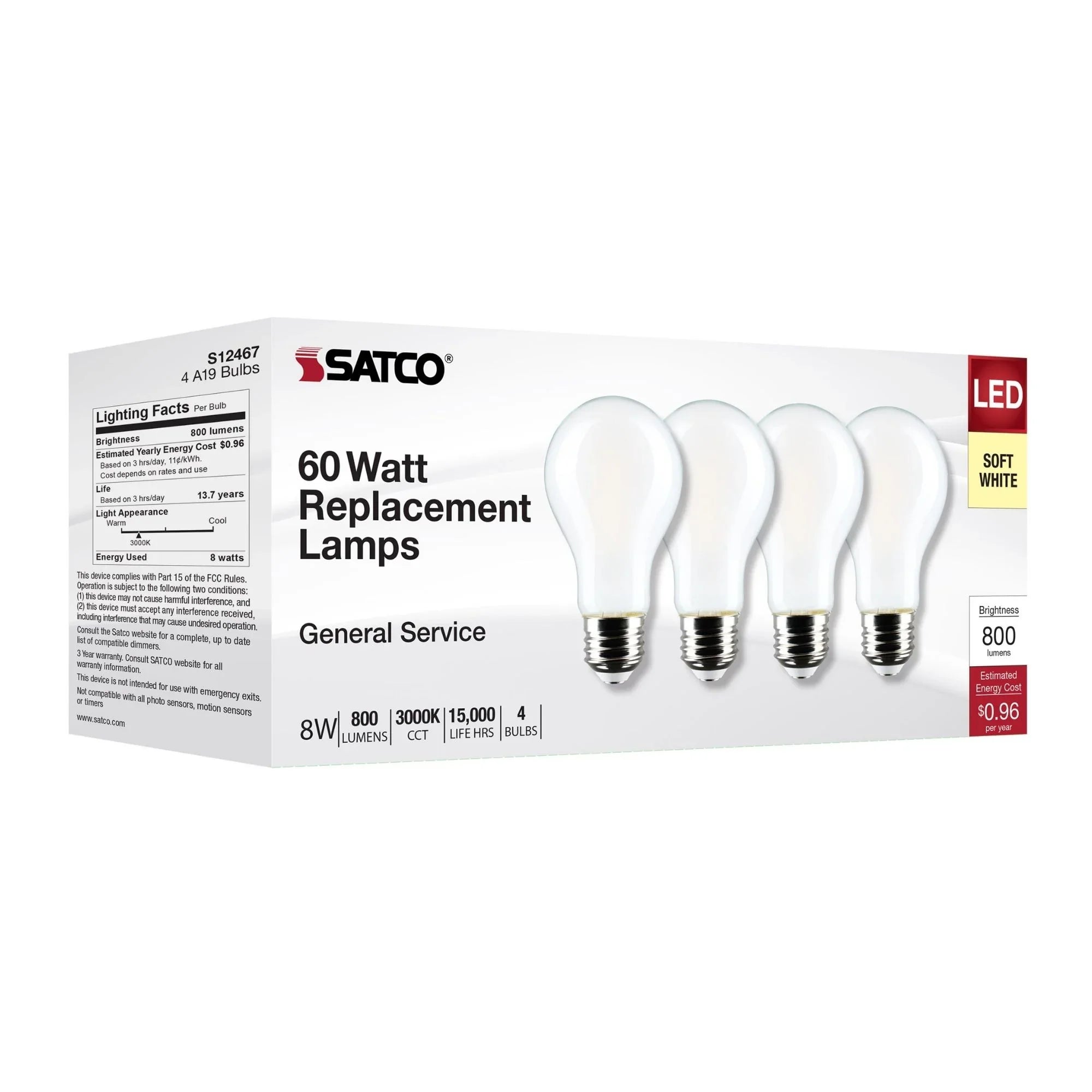 A19 LED Bulb, 60W Equal, 8 Watts, 800 Lumens, 3000K, E26 Medium Base, Frosted Finish, Pack of 4