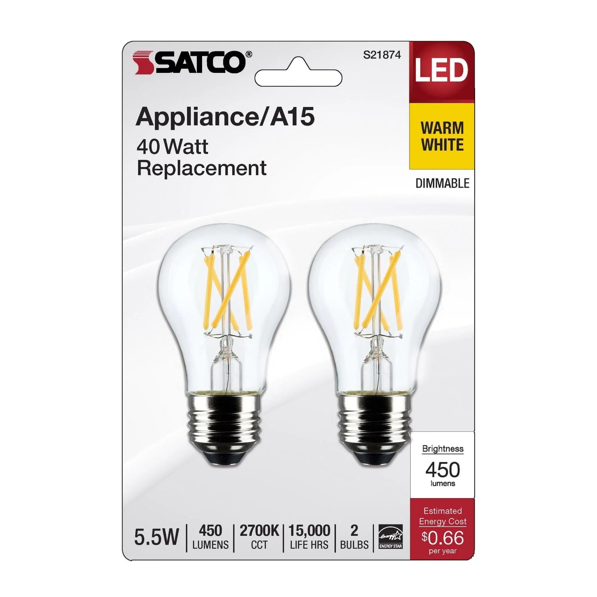 A15 LED Standard Bulb, 6 Watts, 450 Lumens, 2700K, E26 Medium Base, Frosted Finish, Pack of 2