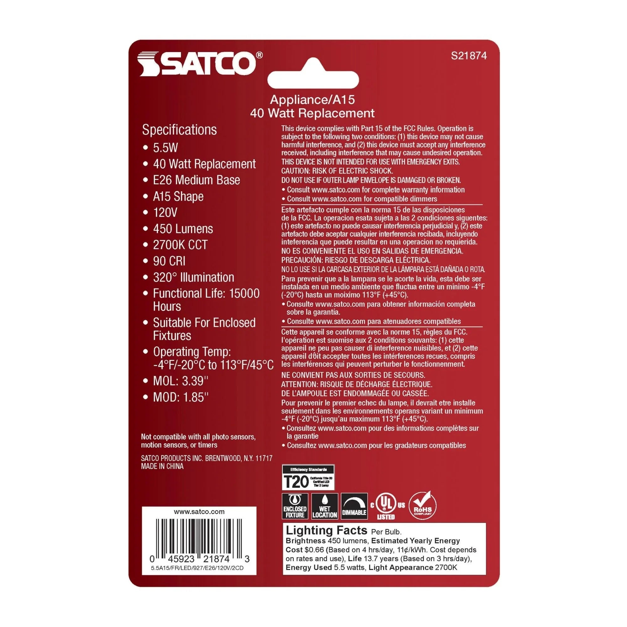 A15 LED Standard Bulb, 6 Watts, 450 Lumens, 2700K, E26 Medium Base, Frosted Finish, Pack of 2