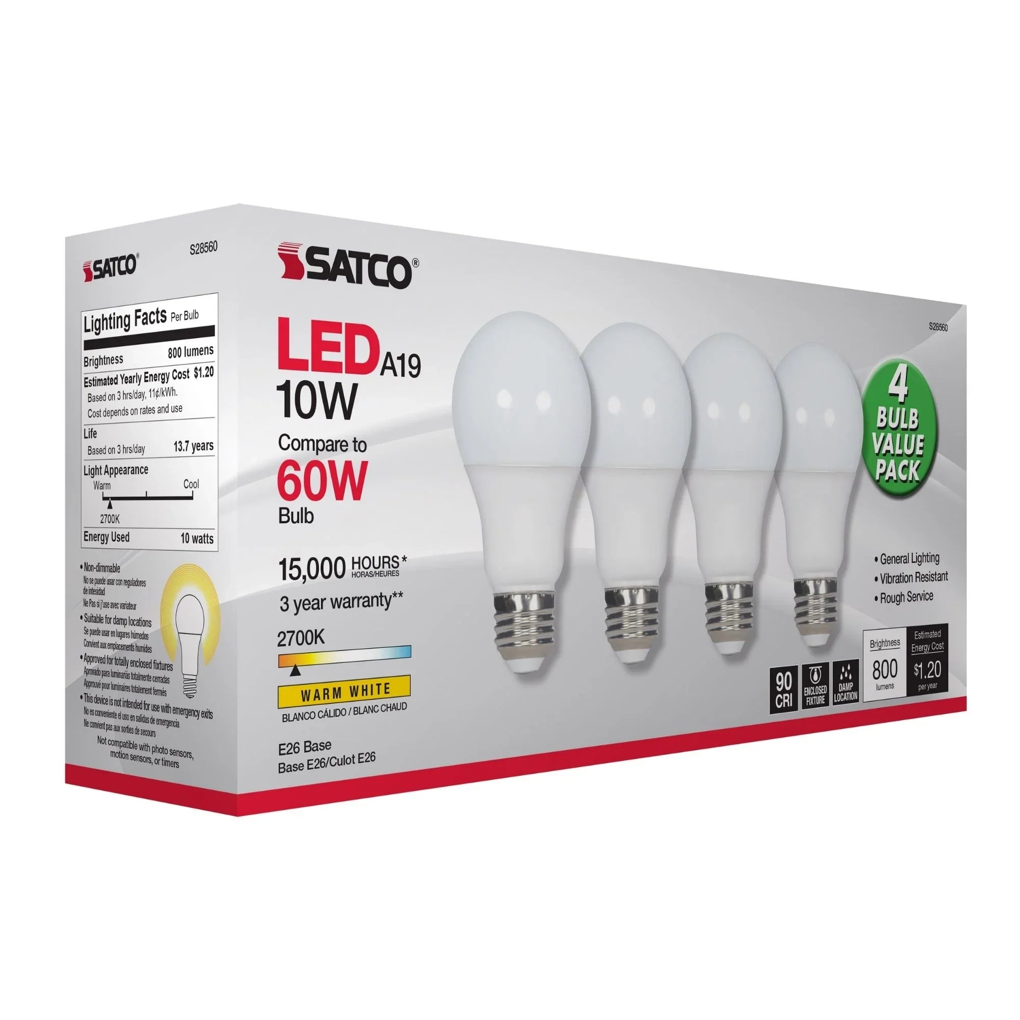 A19 LED Bulb, 60W Equivalent, 10 Watts, 800 Lumens, 2700K, E26 Medium Base, Frosted, Pack of 4
