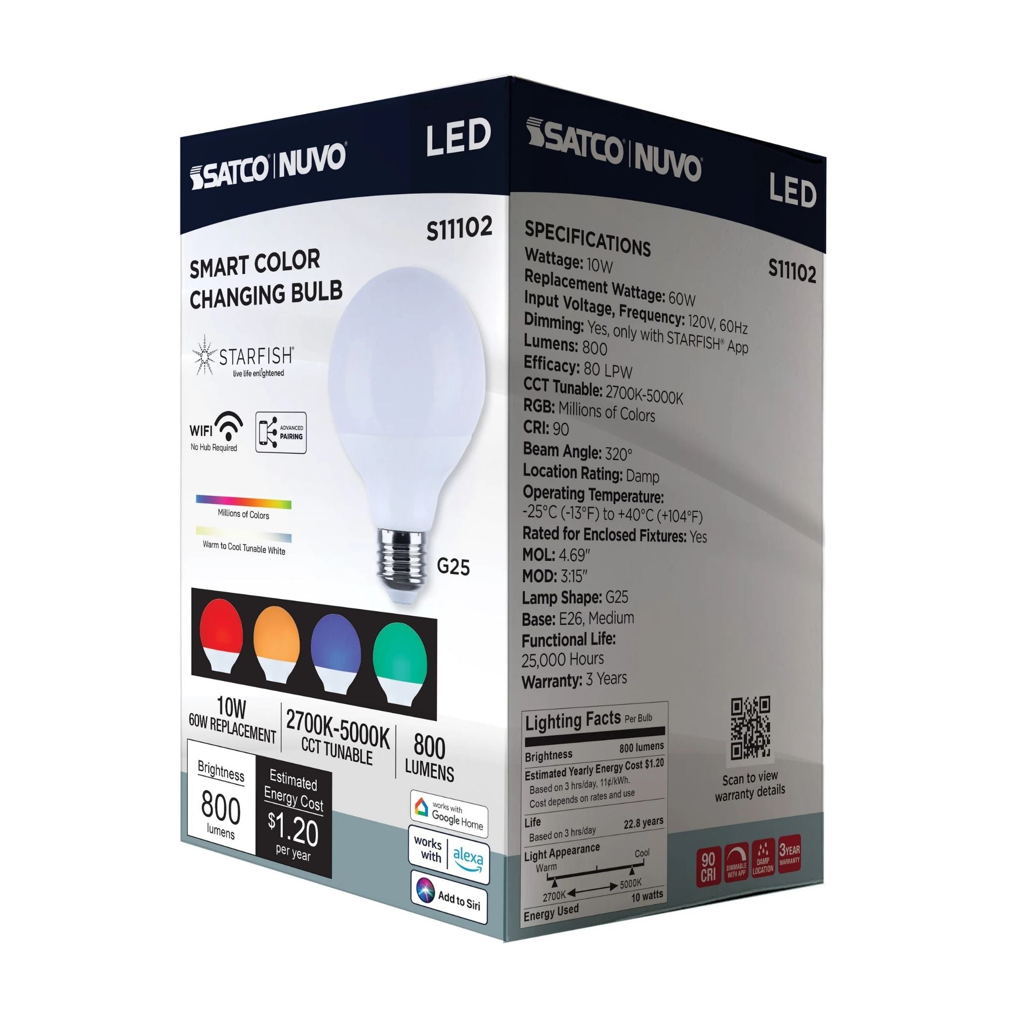 Starfish G25 Wi-Fi Smart LED Bulb, 10W, 800 Lm, 27K-50K RGBTW, E26 Base, 120V