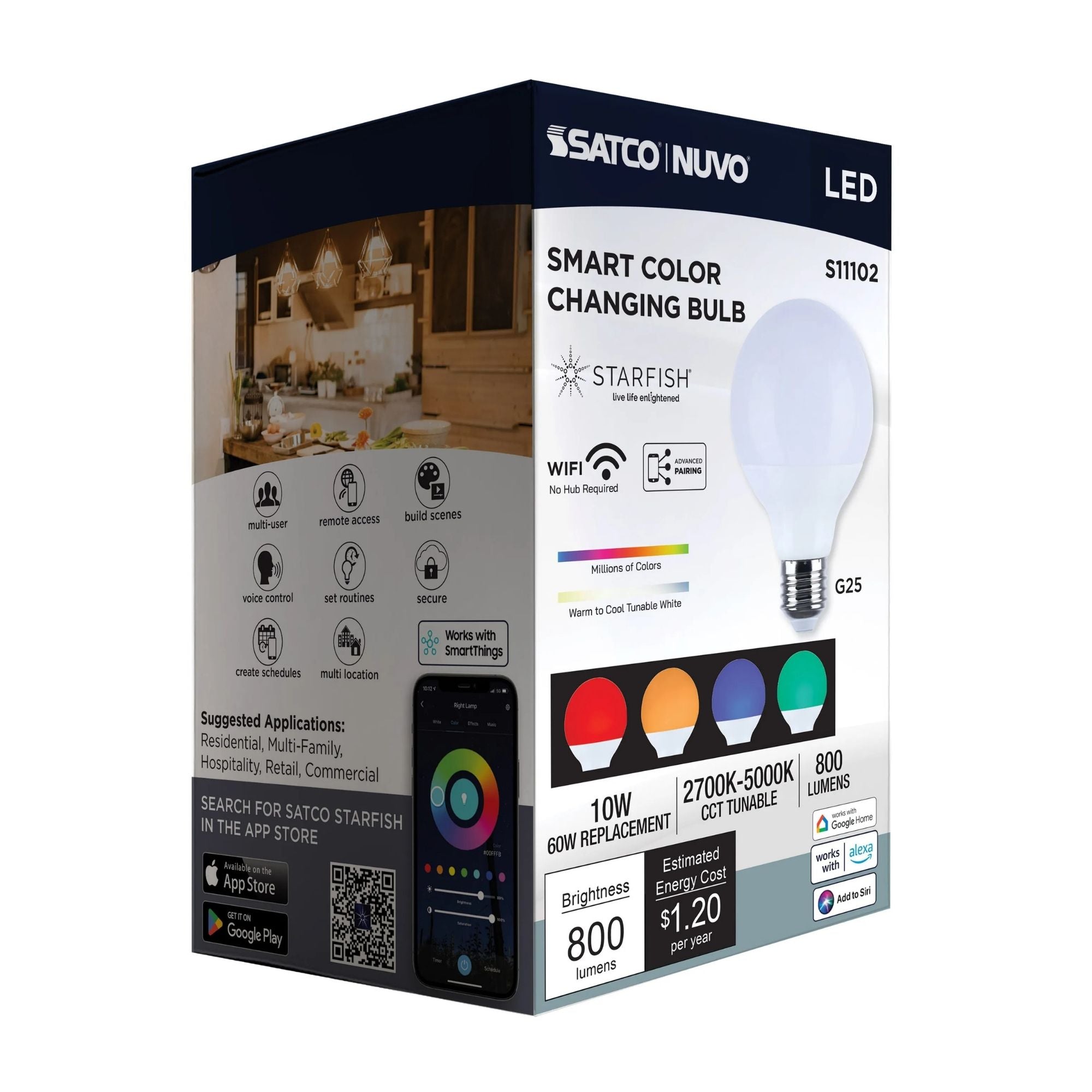 Starfish G25 Wi-Fi Smart LED Bulb, 10W, 800 Lm, 27K-50K RGBTW, E26 Base, 120V