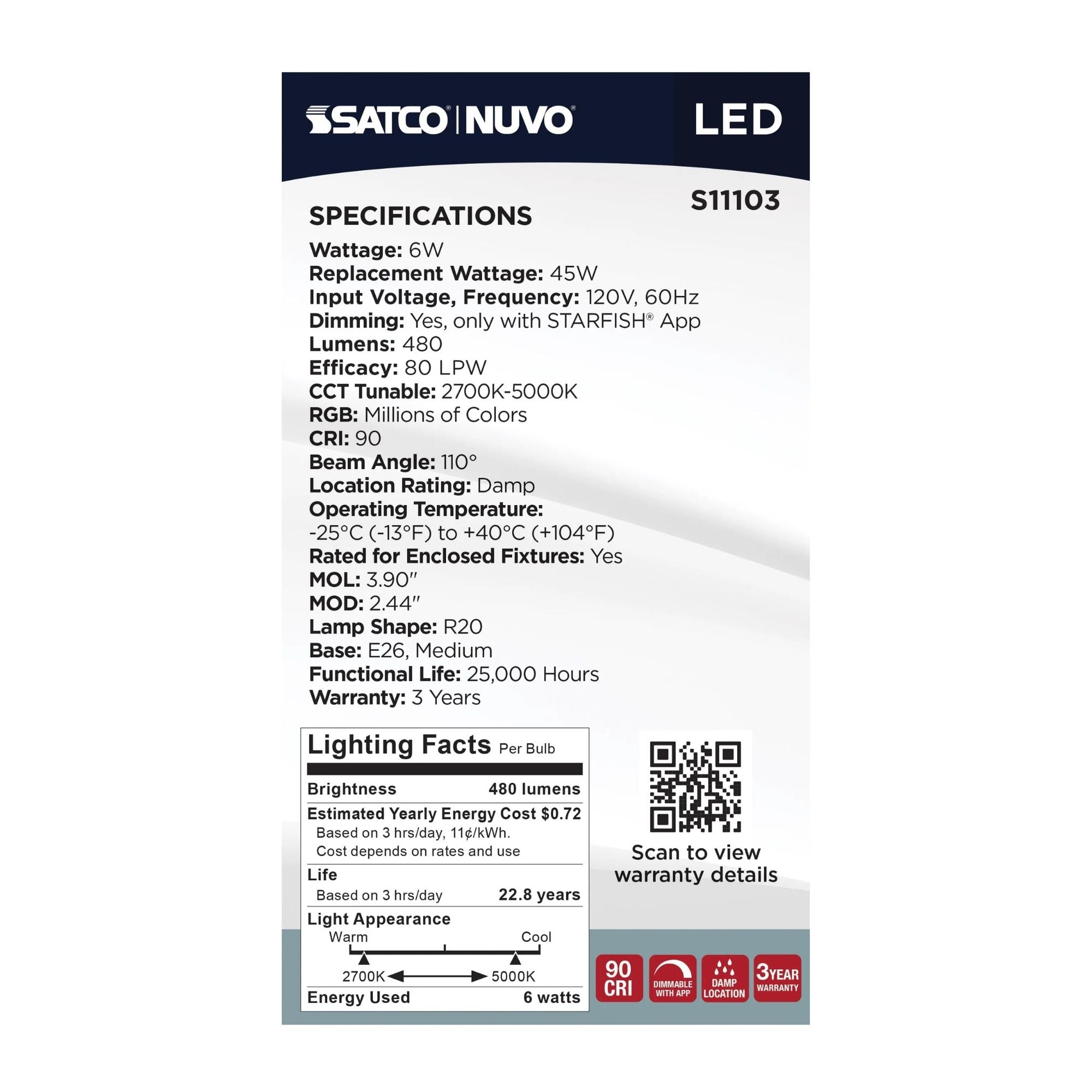 Starfish R20 Wi-Fi Smart LED Bulb, 6W, 480 Lm, 27K-50K RGBTW, E26 Base, 120V