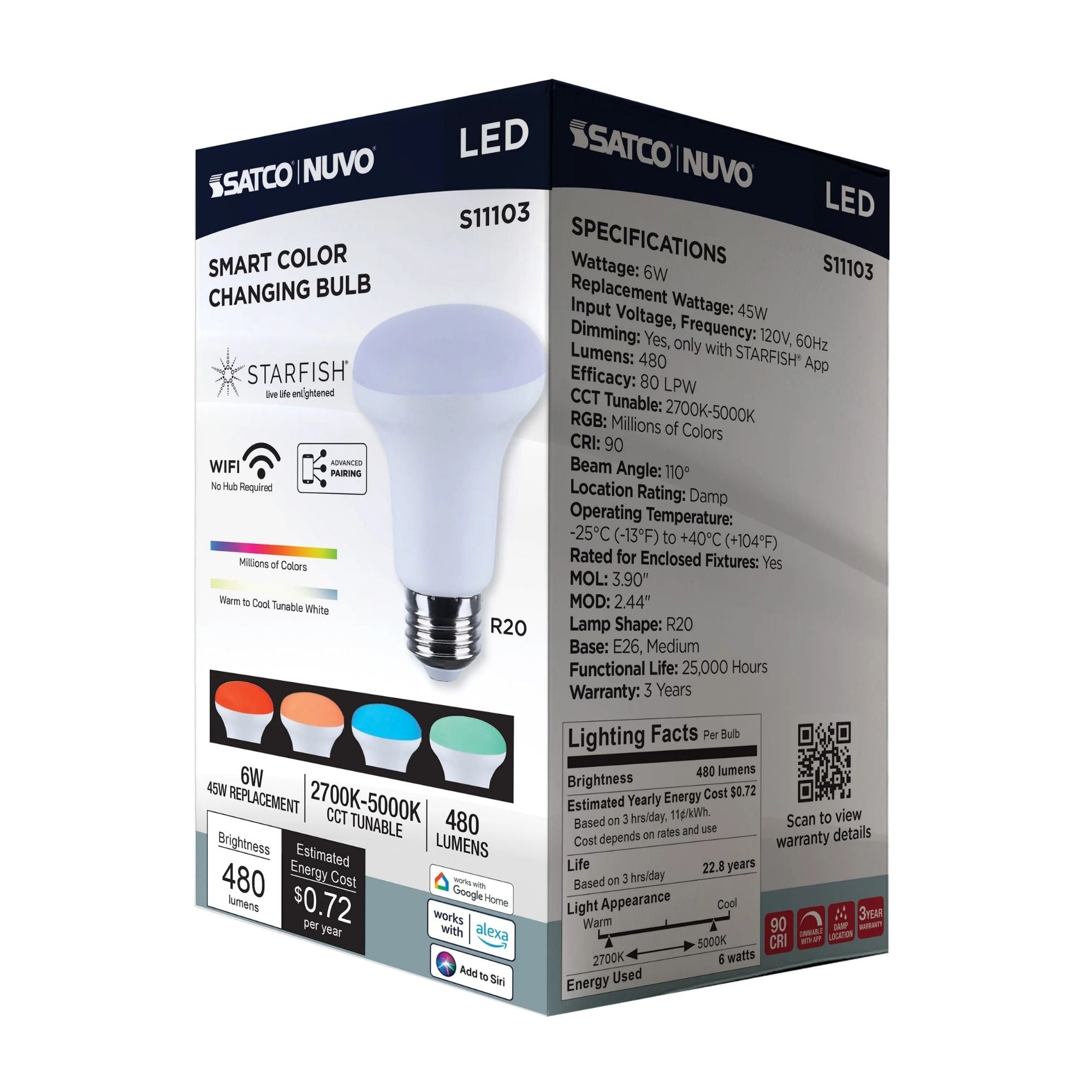 Starfish R20 Wi-Fi Smart LED Bulb, 6W, 480 Lm, 27K-50K RGBTW, E26 Base, 120V