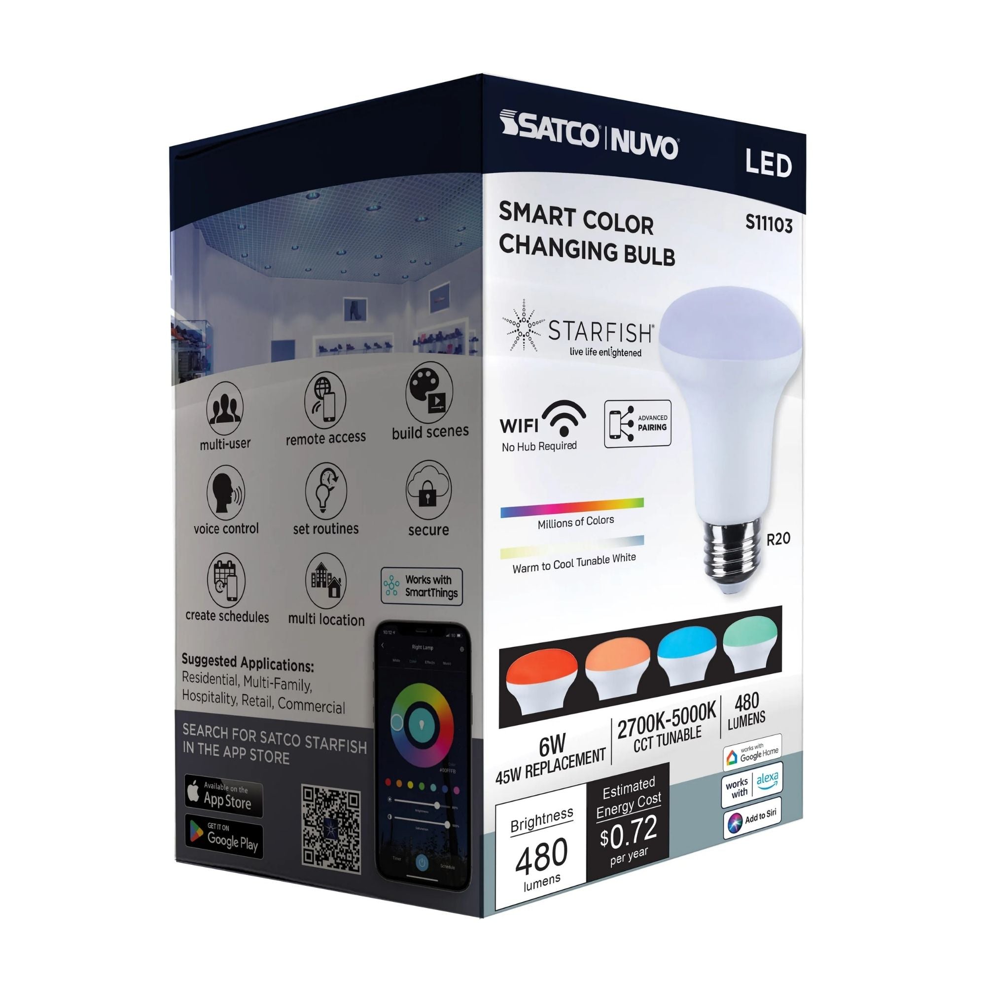 Starfish R20 Wi-Fi Smart LED Bulb, 6W, 480 Lm, 27K-50K RGBTW, E26 Base, 120V