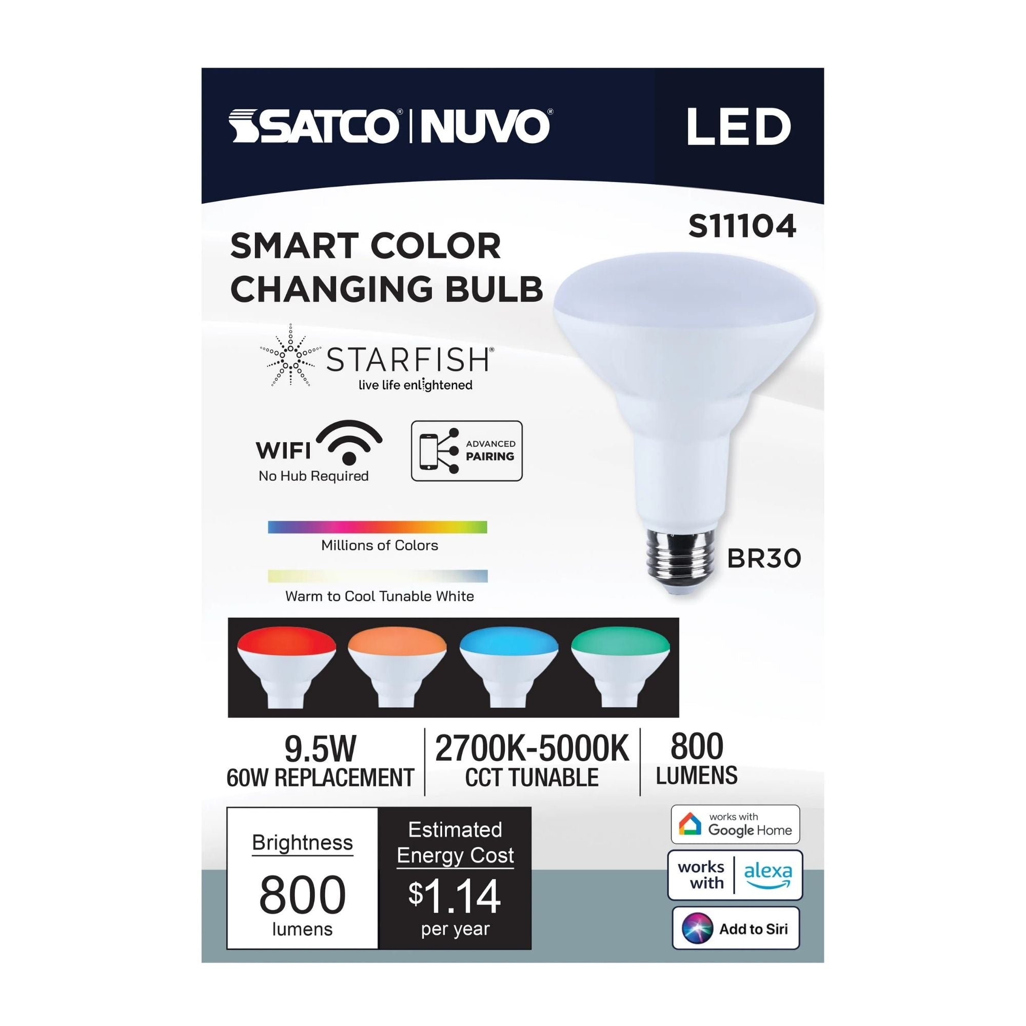 Starfish BR30 Wi-Fi Smart LED Bulb, 10W, 800 Lm, 27K-50K RGBTW, E26 Base, 120V