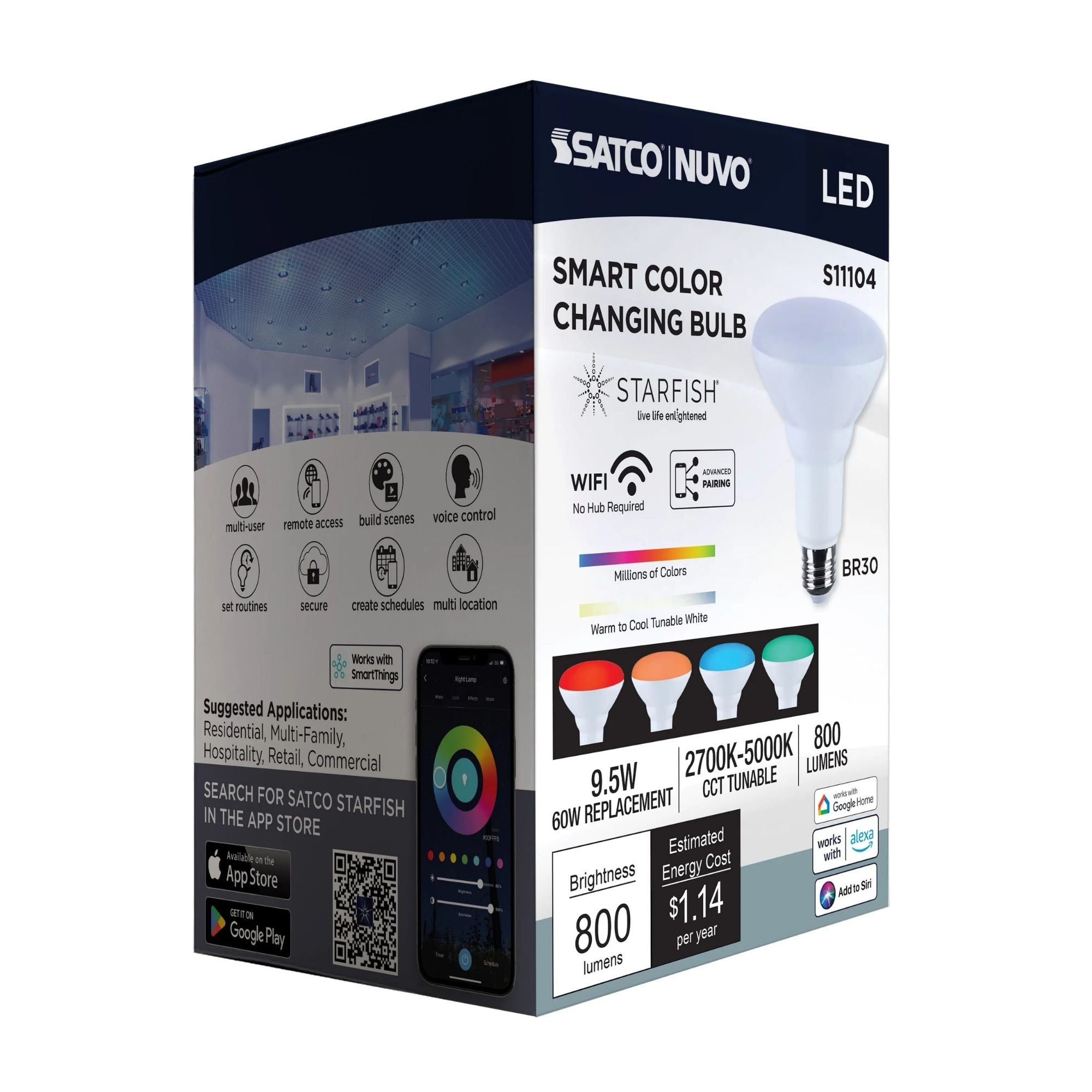 Starfish BR30 Wi-Fi Smart LED Bulb, 10W, 800 Lm, 27K-50K RGBTW, E26 Base, 120V
