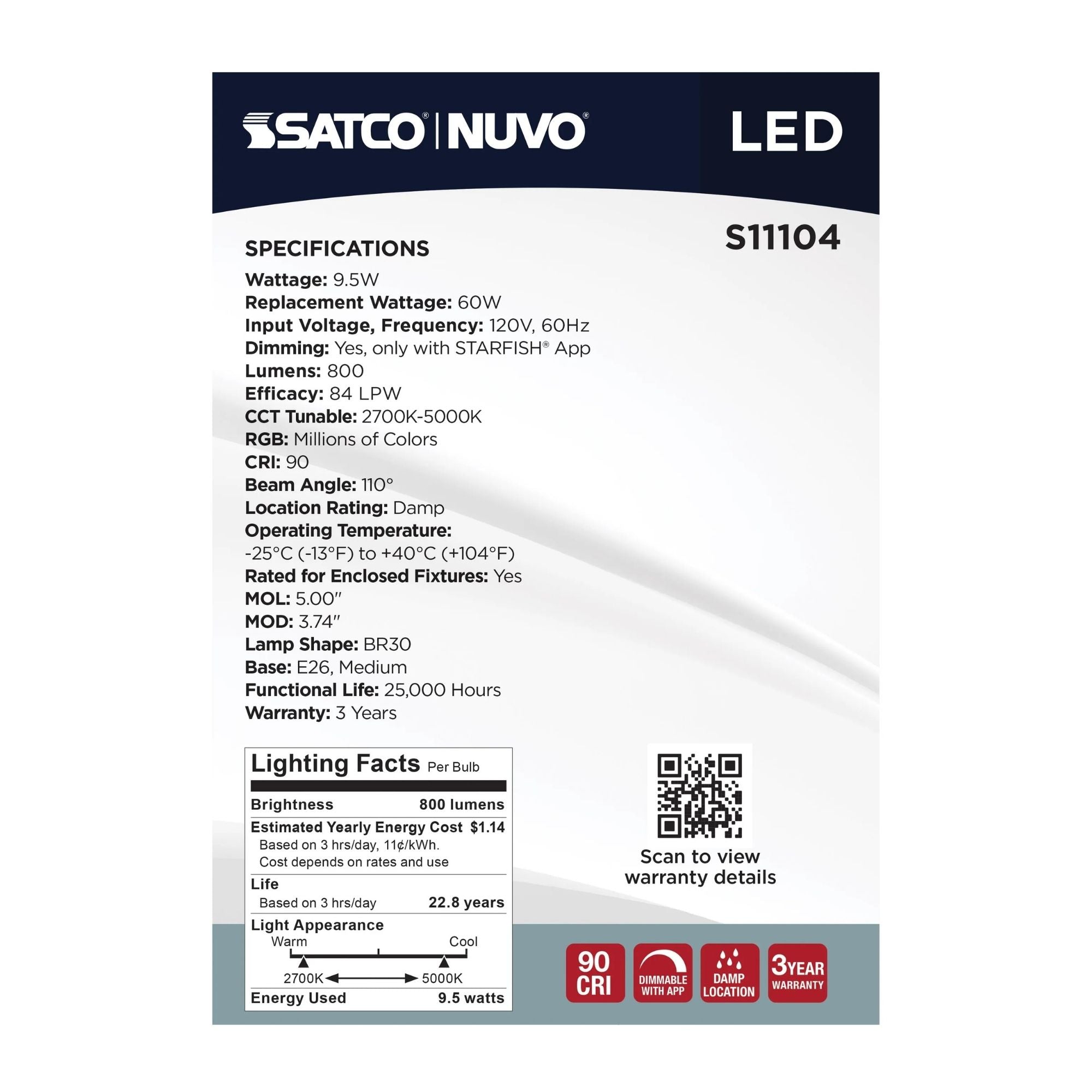 Starfish BR30 Wi-Fi Smart LED Bulb, 10W, 800 Lm, 27K-50K RGBTW, E26 Base, 120V