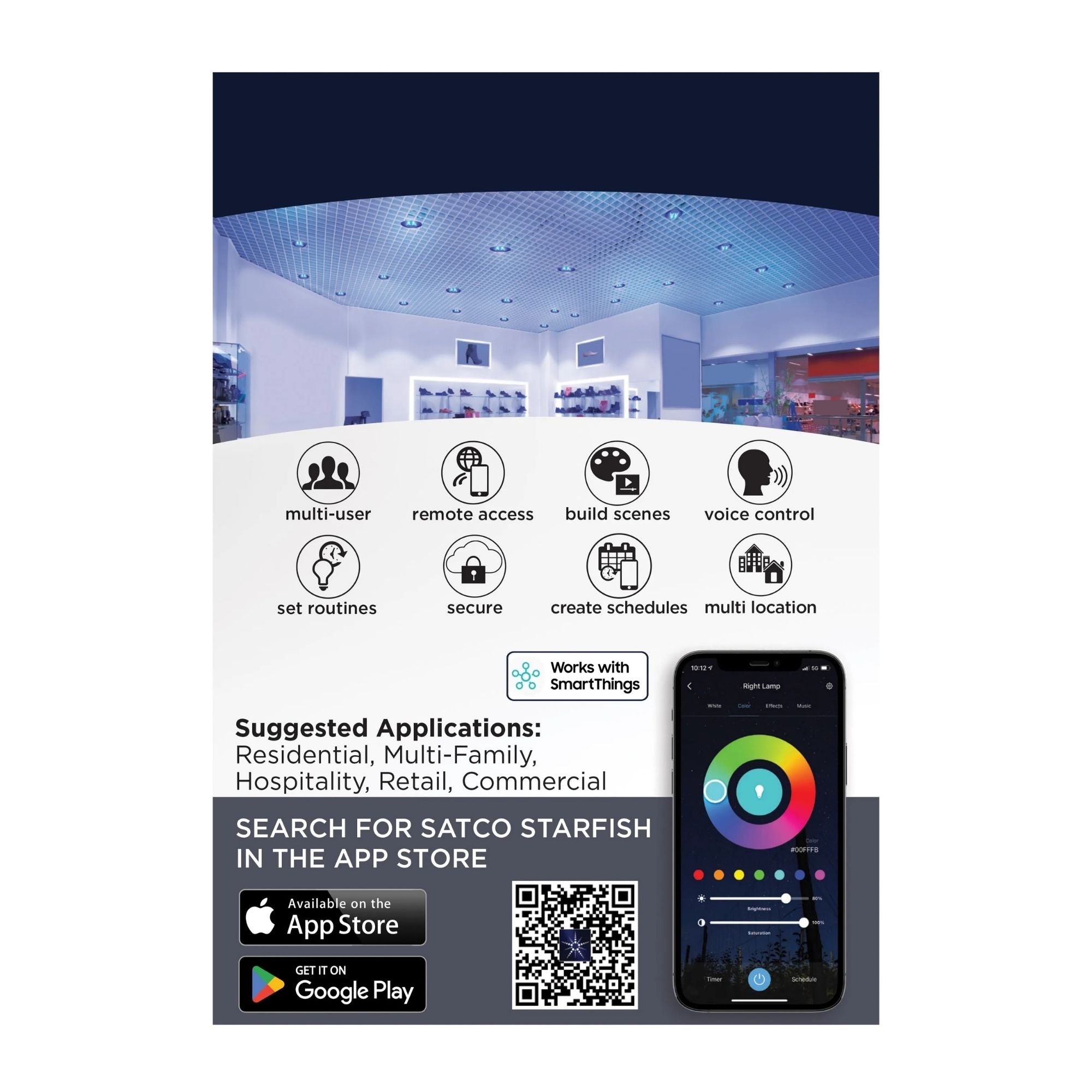 Starfish BR30 Wi-Fi Smart LED Bulb, 10W, 800 Lm, 27K-50K RGBTW, E26 Base, 120V