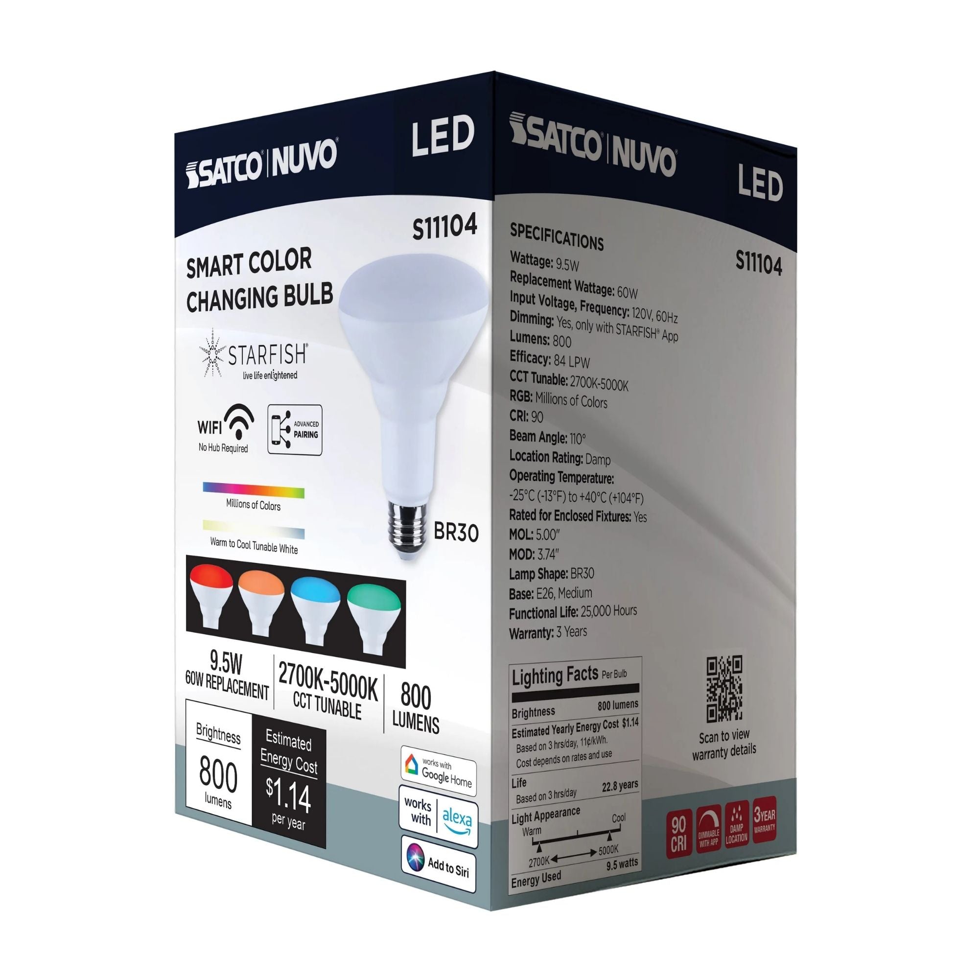 Starfish BR30 Wi-Fi Smart LED Bulb, 10W, 800 Lm, 27K-50K RGBTW, E26 Base, 120V