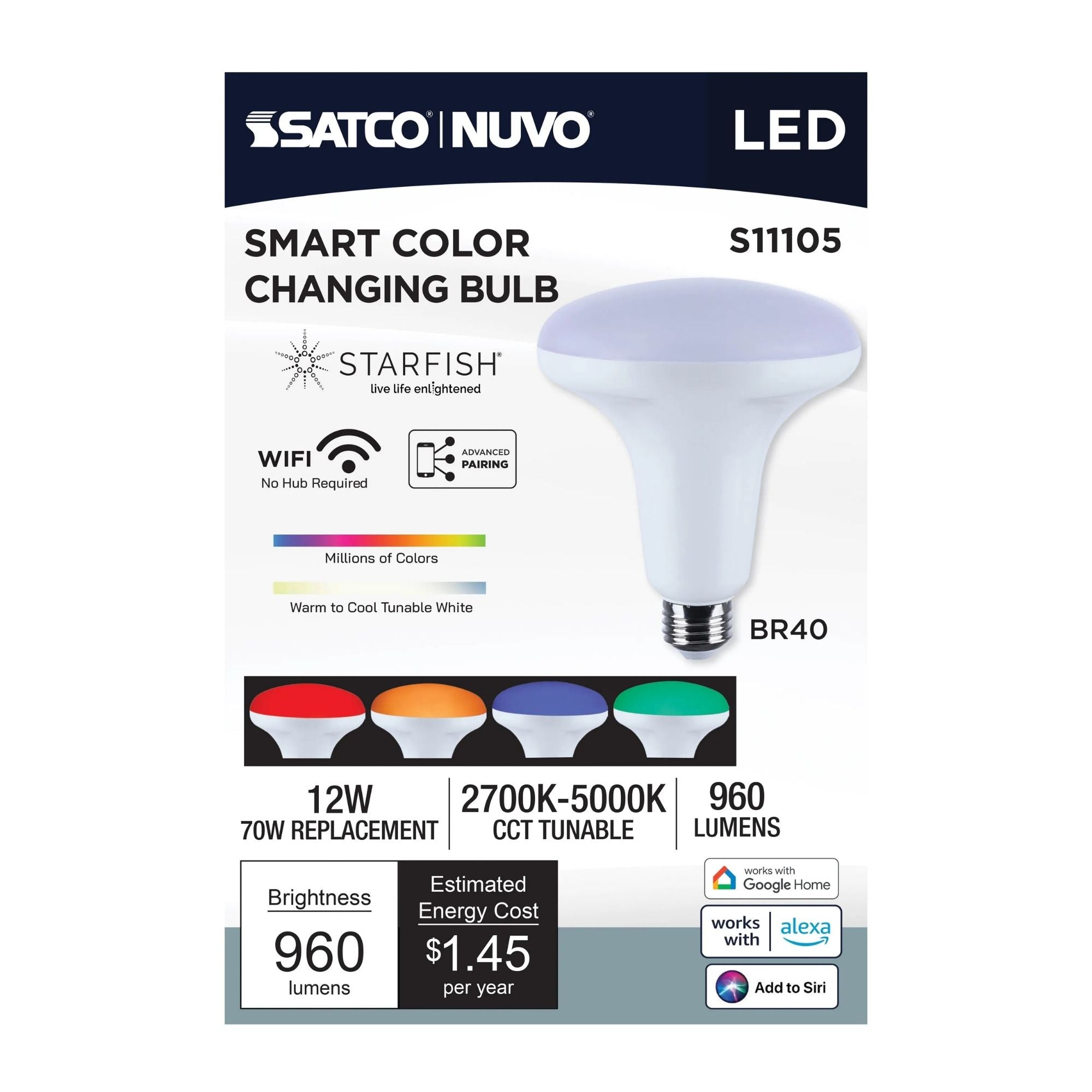 Starfish BR40 Wi-Fi Smart LED Bulb, 12W, 960 Lm, 27K-50K RGBTW, E26 Base, 120V
