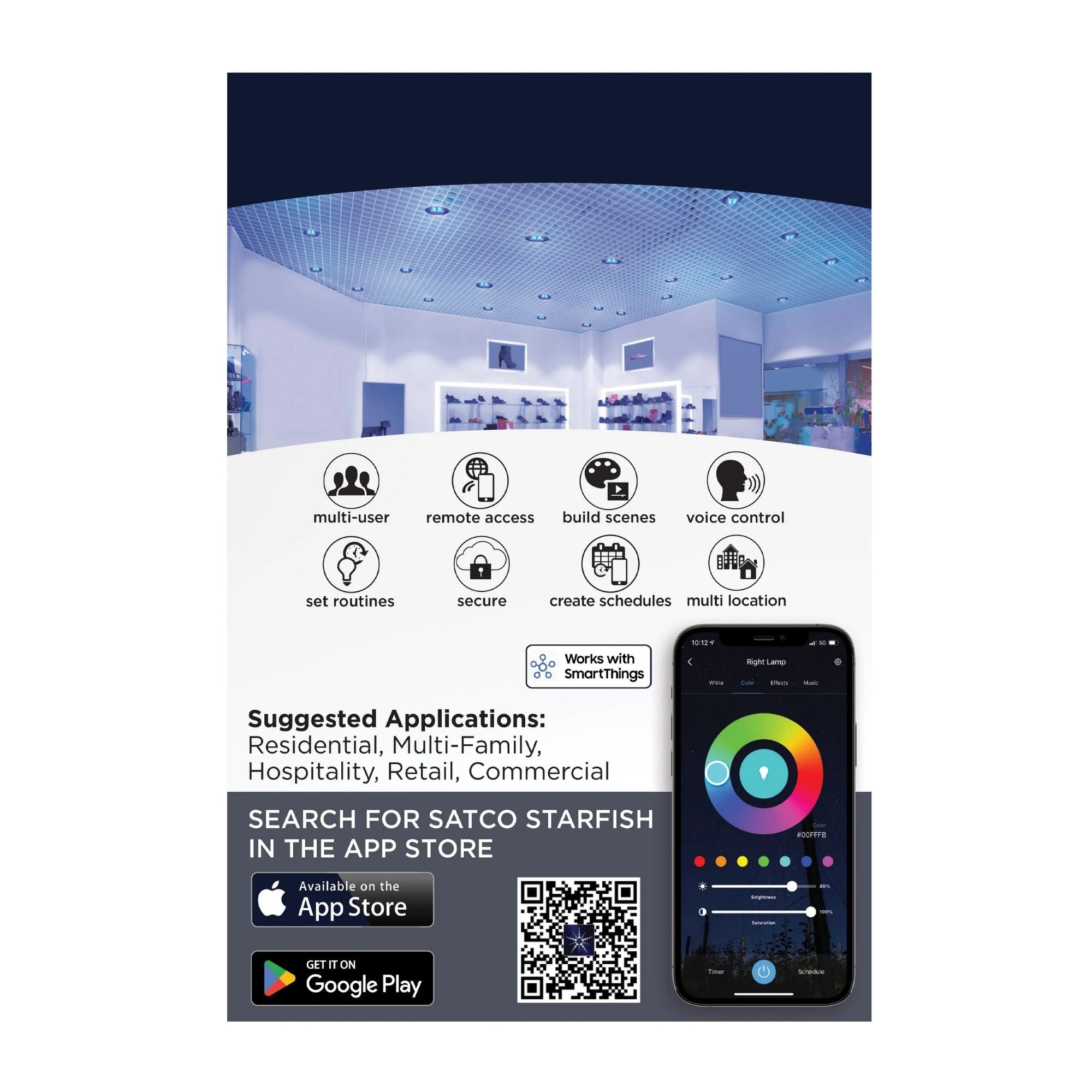 Starfish BR40 Wi-Fi Smart LED Bulb, 12W, 960 Lm, 27K-50K RGBTW, E26 Base, 120V