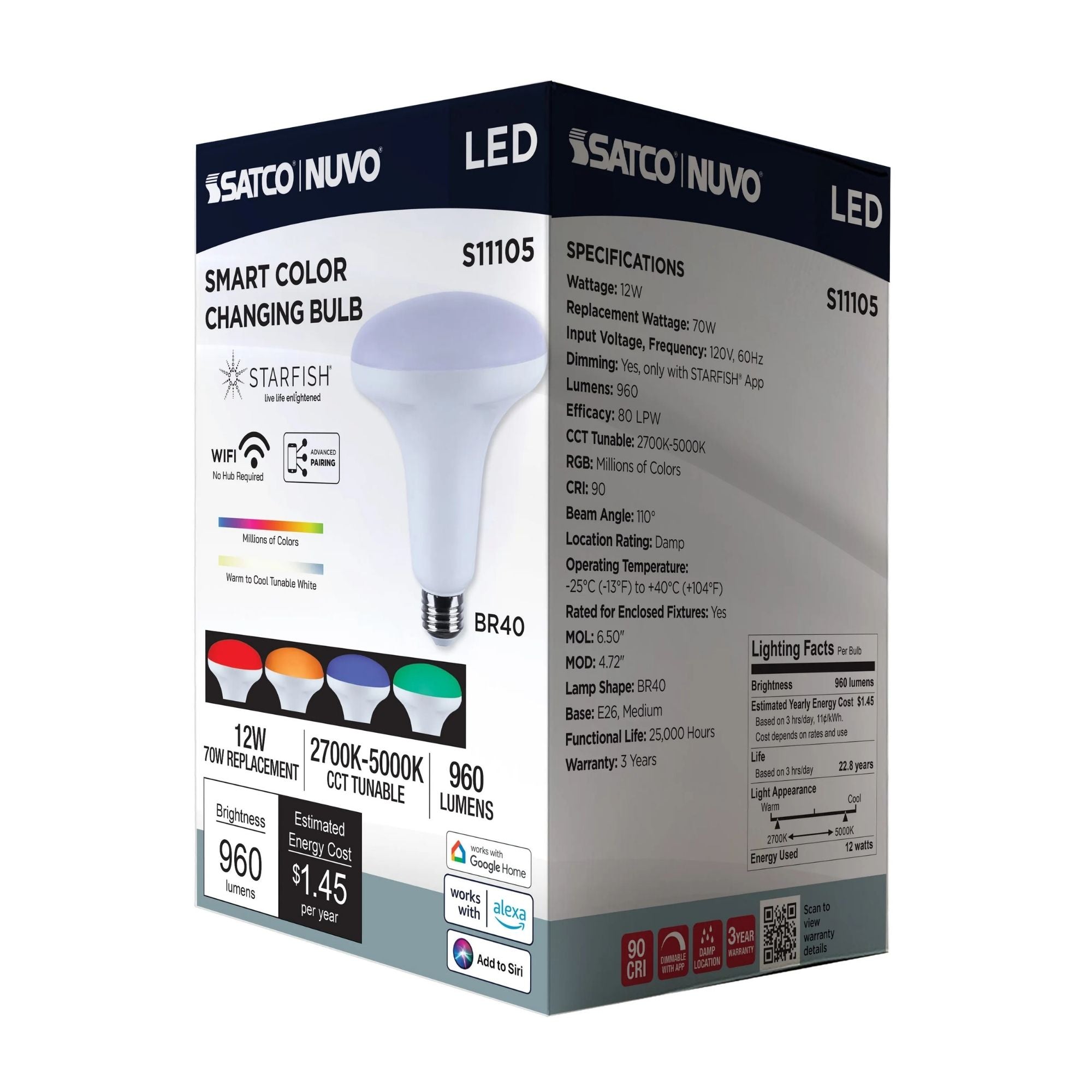 Starfish BR40 Wi-Fi Smart LED Bulb, 12W, 960 Lm, 27K-50K RGBTW, E26 Base, 120V
