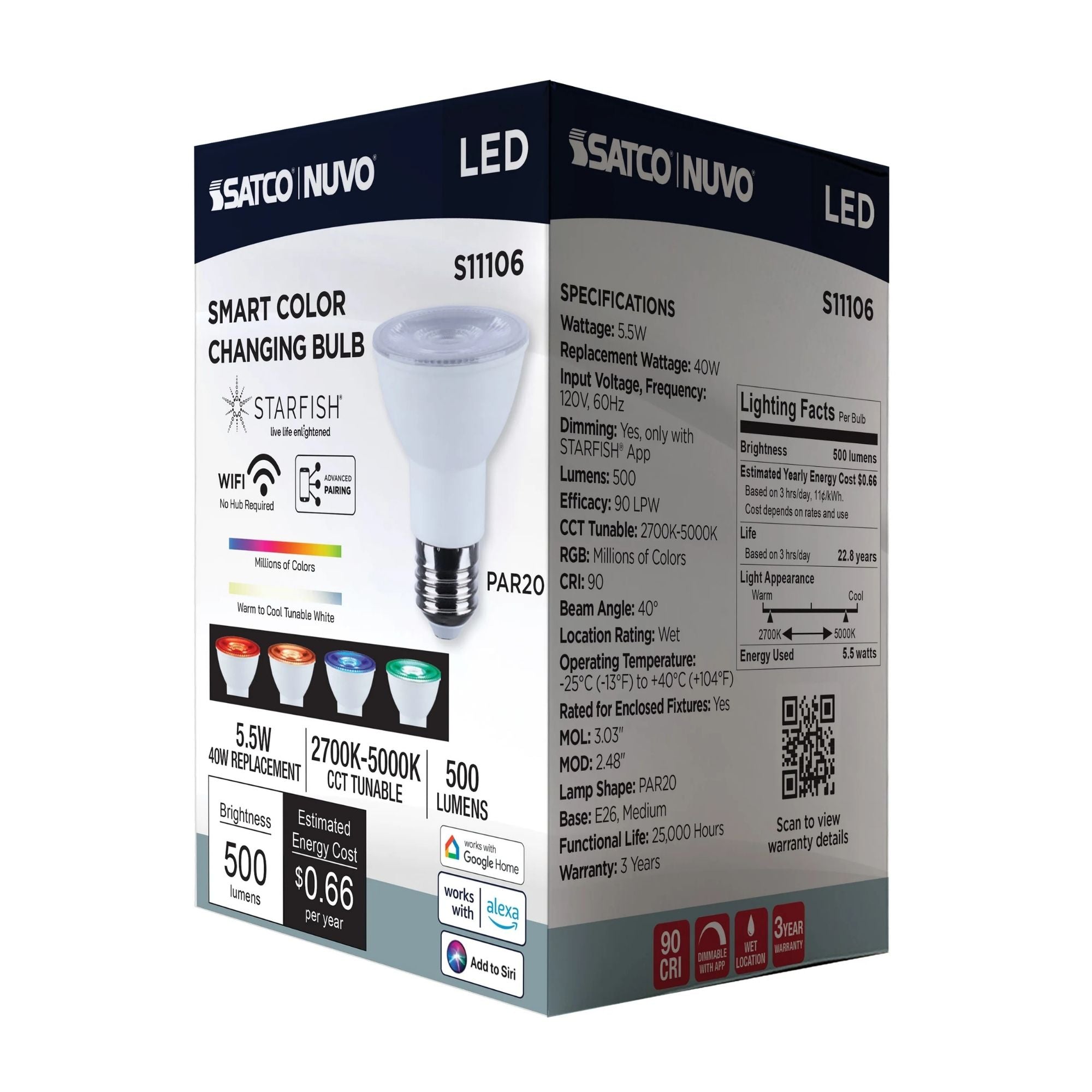 Starfish PAR20 Wi-Fi Smart LED Bulb, 6W, 500 Lm, 27K-50K RGBTW, E26 Base, 120V