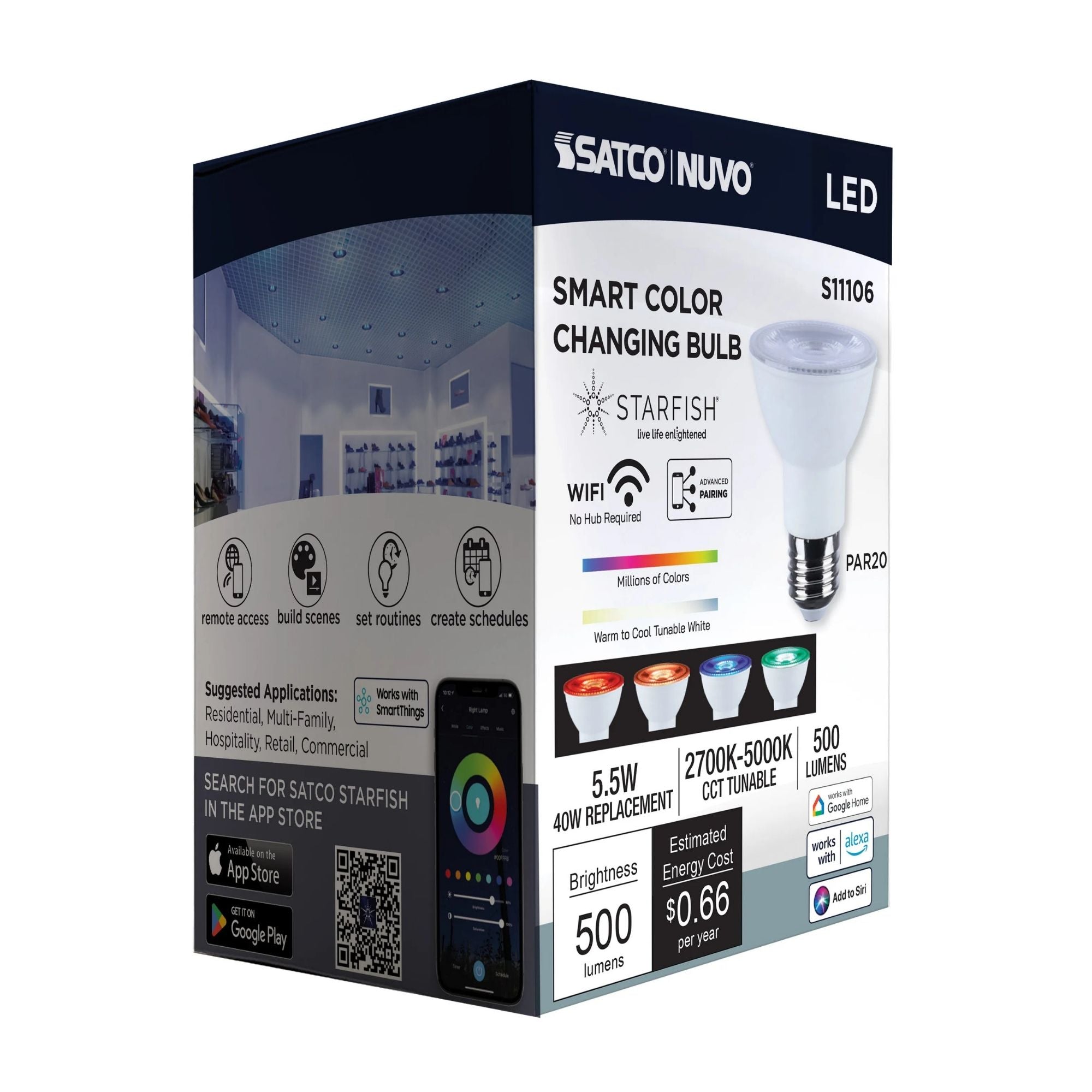 Starfish PAR20 Wi-Fi Smart LED Bulb, 6W, 500 Lm, 27K-50K RGBTW, E26 Base, 120V