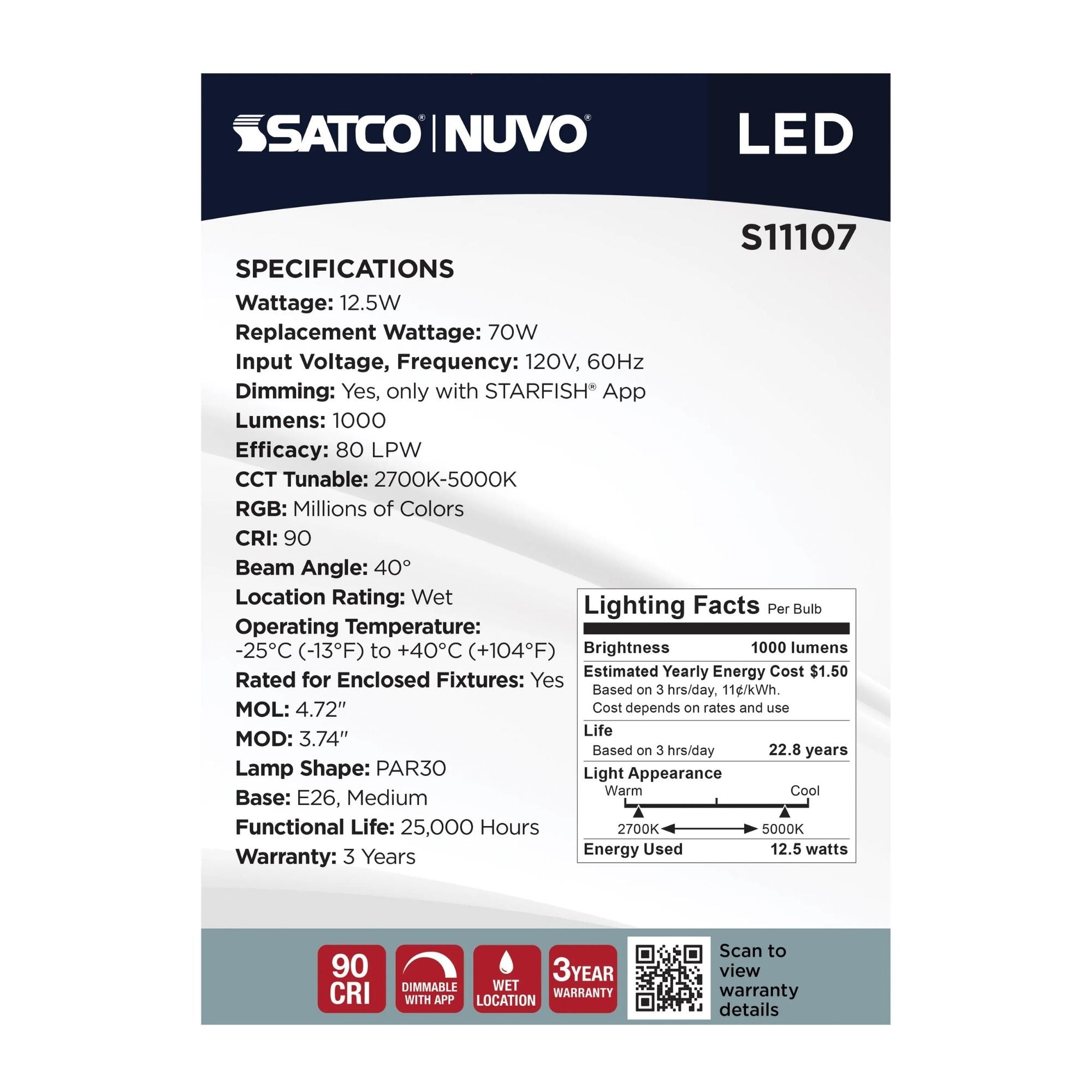 Starfish PAR30 Wi-Fi Smart LED Bulb, 13W, 1000 Lm, 27K-50K RGBTW, E26 Base, 120V