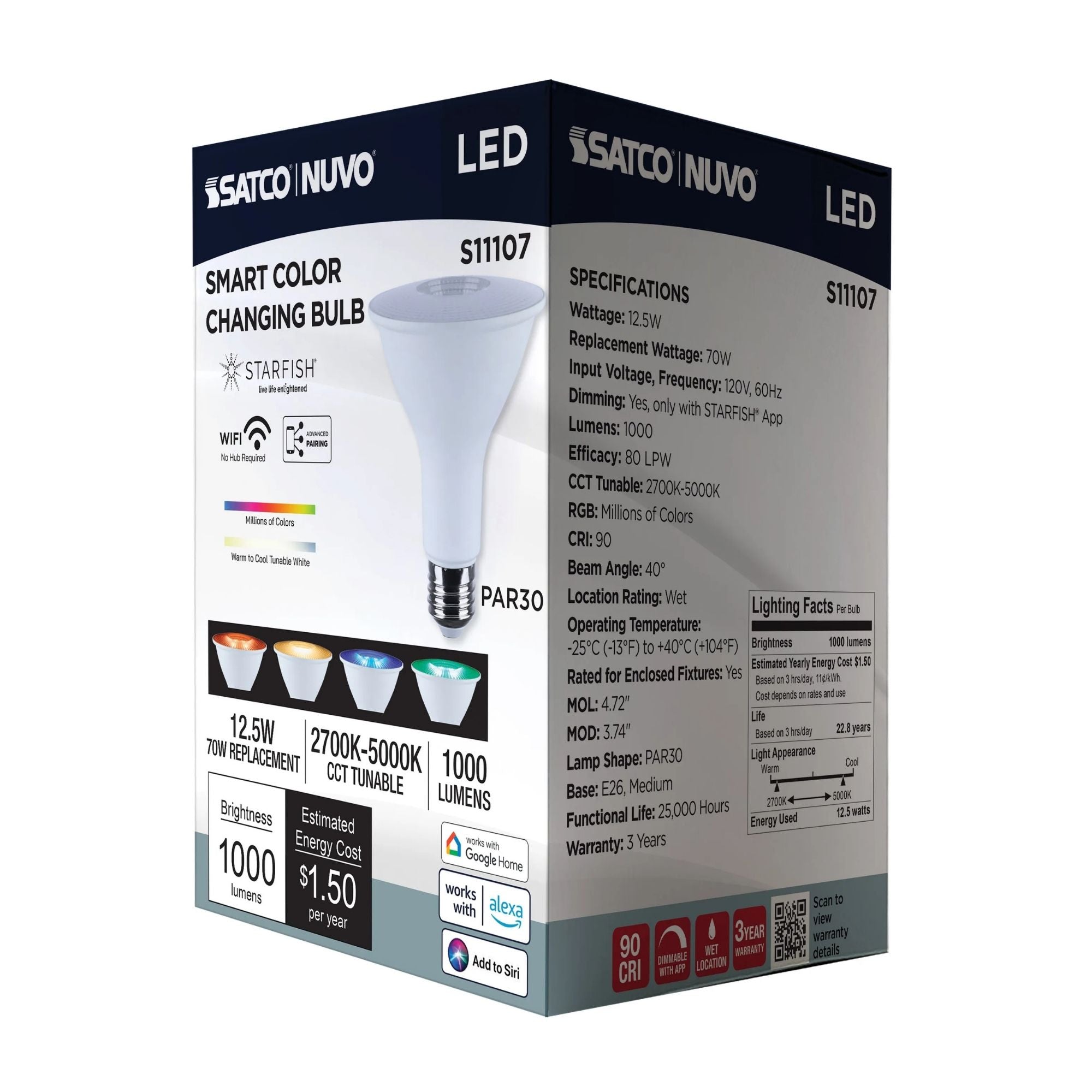 Starfish PAR30 Wi-Fi Smart LED Bulb, 13W, 1000 Lm, 27K-50K RGBTW, E26 Base, 120V