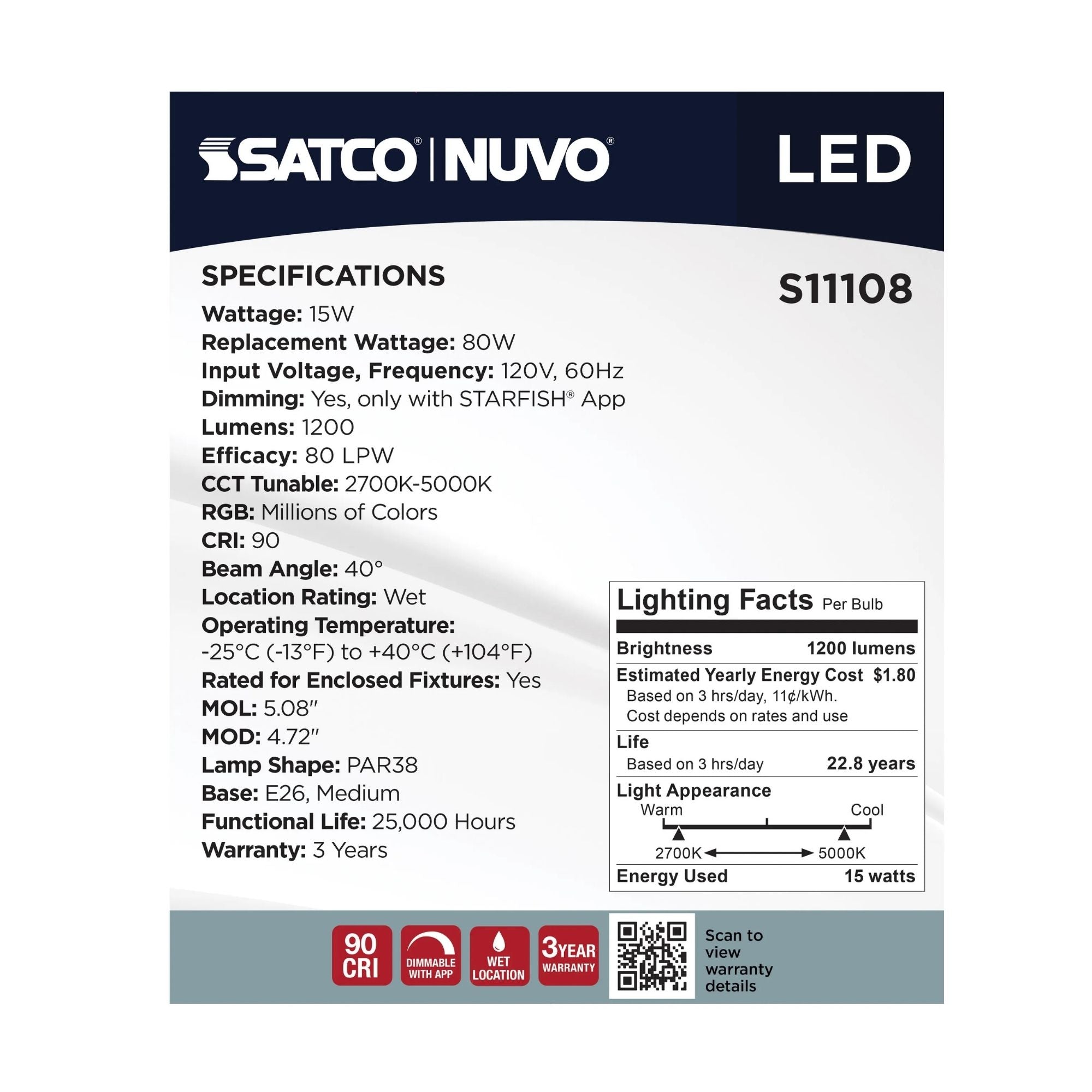 Starfish PAR38 Wi-Fi Smart LED Bulb, 15W, 1200 Lm, 27K-50K RGBTW, E26 Base, 120V