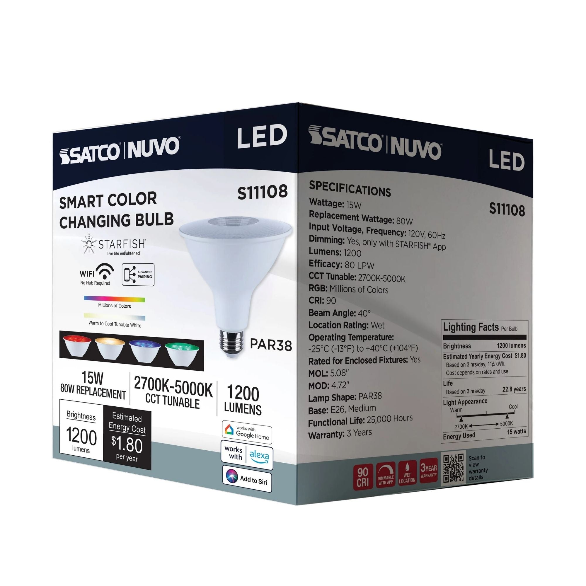 Starfish PAR38 Wi-Fi Smart LED Bulb, 15W, 1200 Lm, 27K-50K RGBTW, E26 Base, 120V
