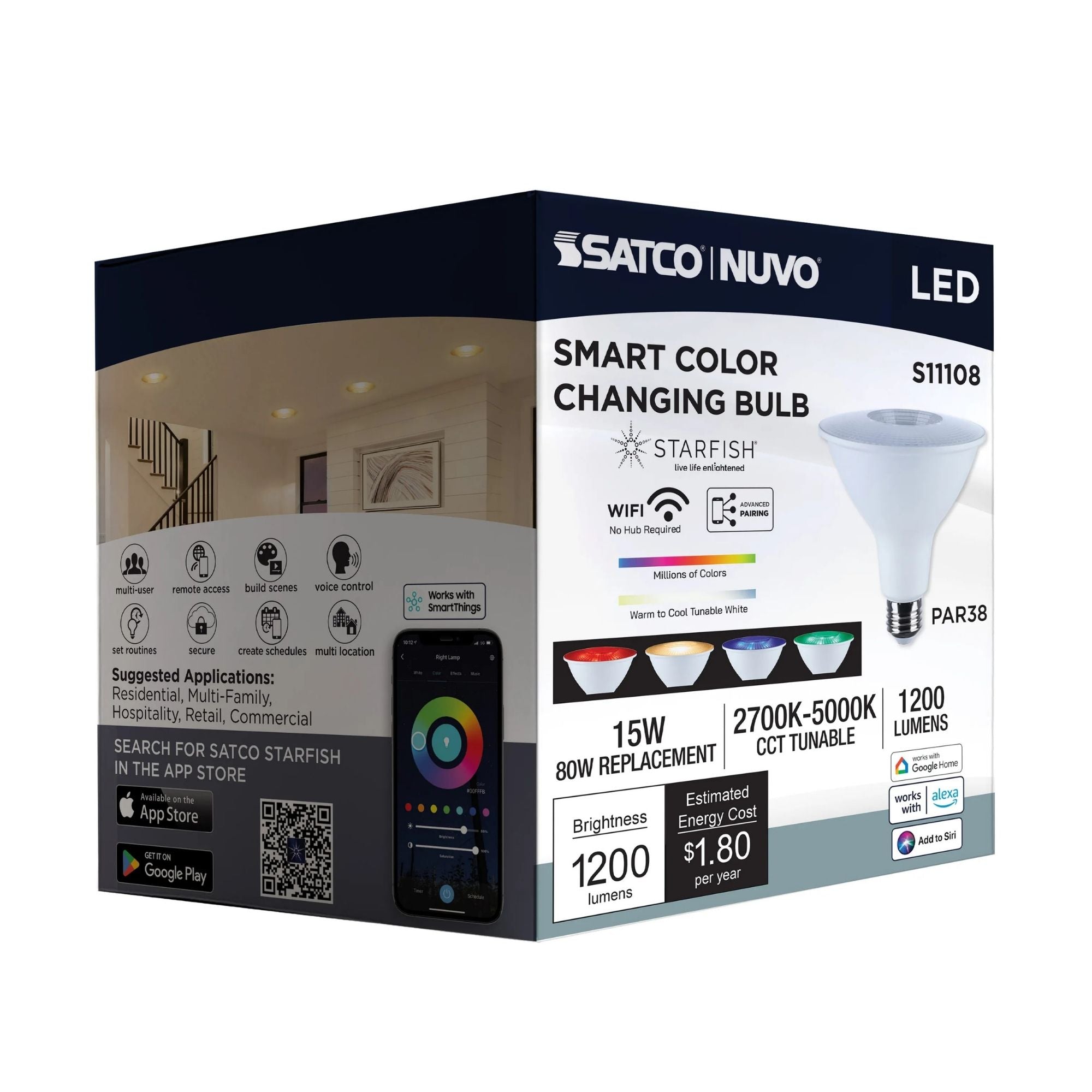 Starfish PAR38 Wi-Fi Smart LED Bulb, 15W, 1200 Lm, 27K-50K RGBTW, E26 Base, 120V